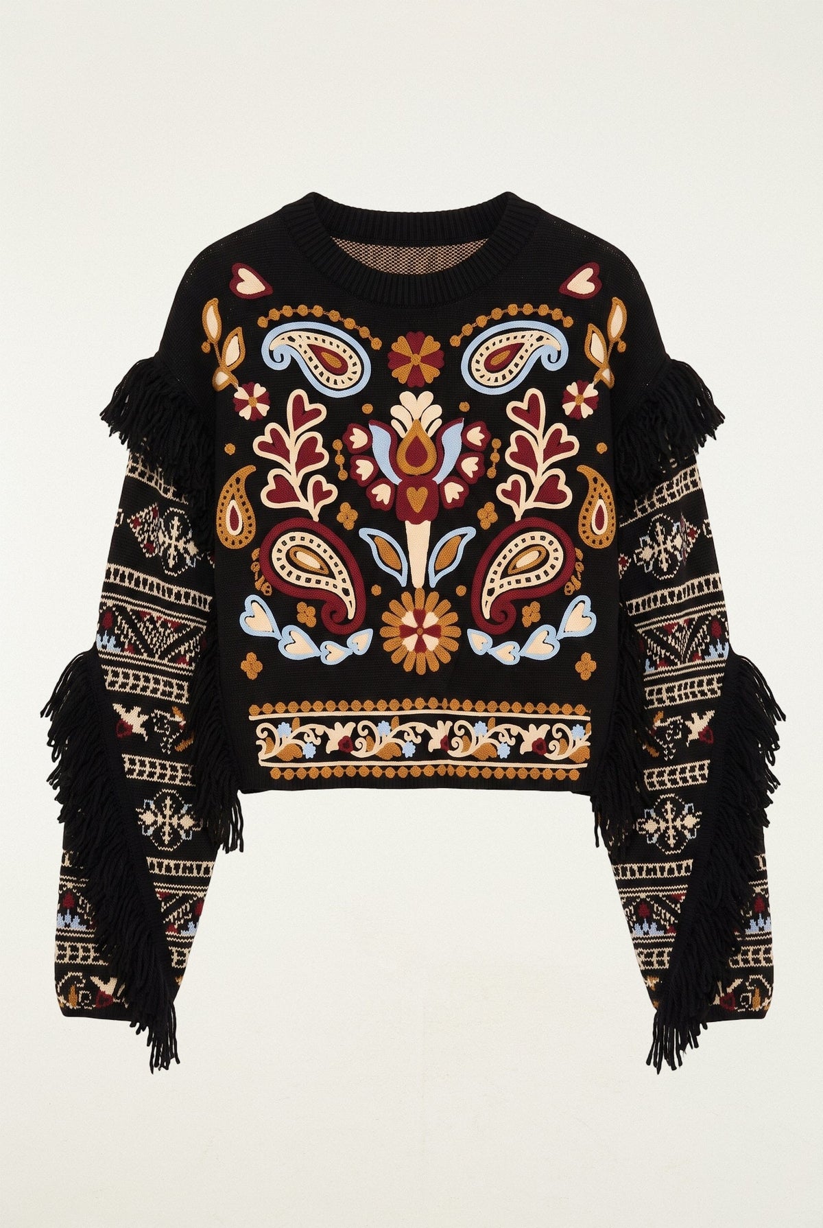 FARM Rio model wearing the Love Paisley Cornelli Fringe Knit Sweater