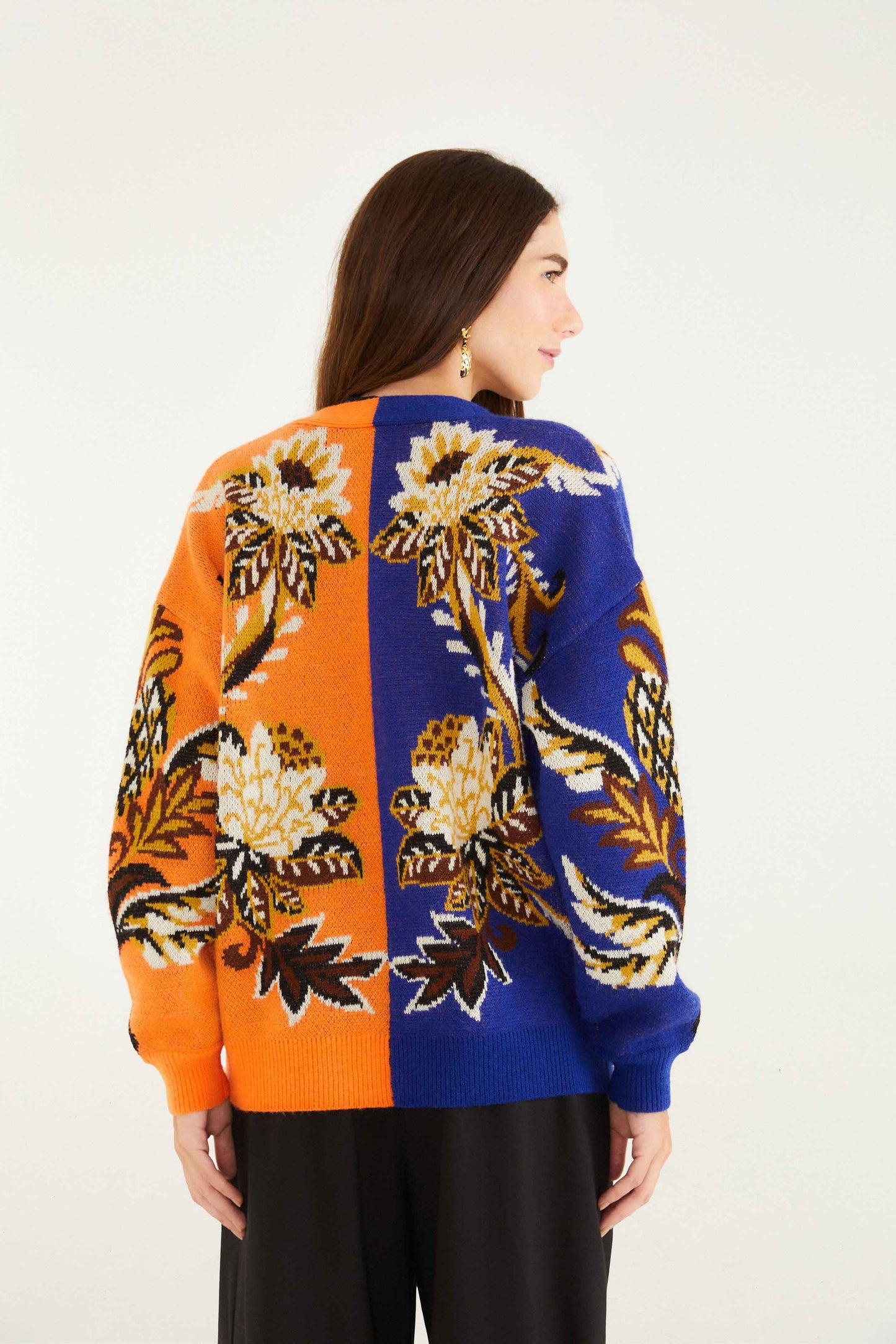 FARM Rio model wearing the Mixed Arabesque Paradise Knit Cardigan