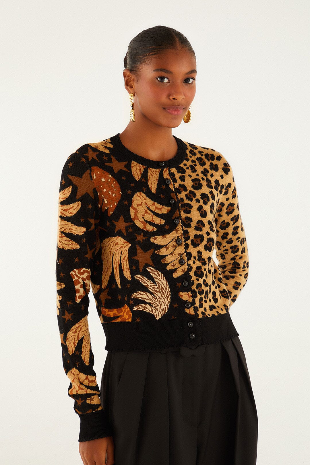 Farm Rio Banana Leopard Mix Print Jacquard Cardigan in Banana Sky Black at Nordstrom, Size XX-SMALL Farm Rio Banana Leopard Mix Print Jacquard Cardigan in Banana Sky Black at Nordstrom, Size XX-SMALL