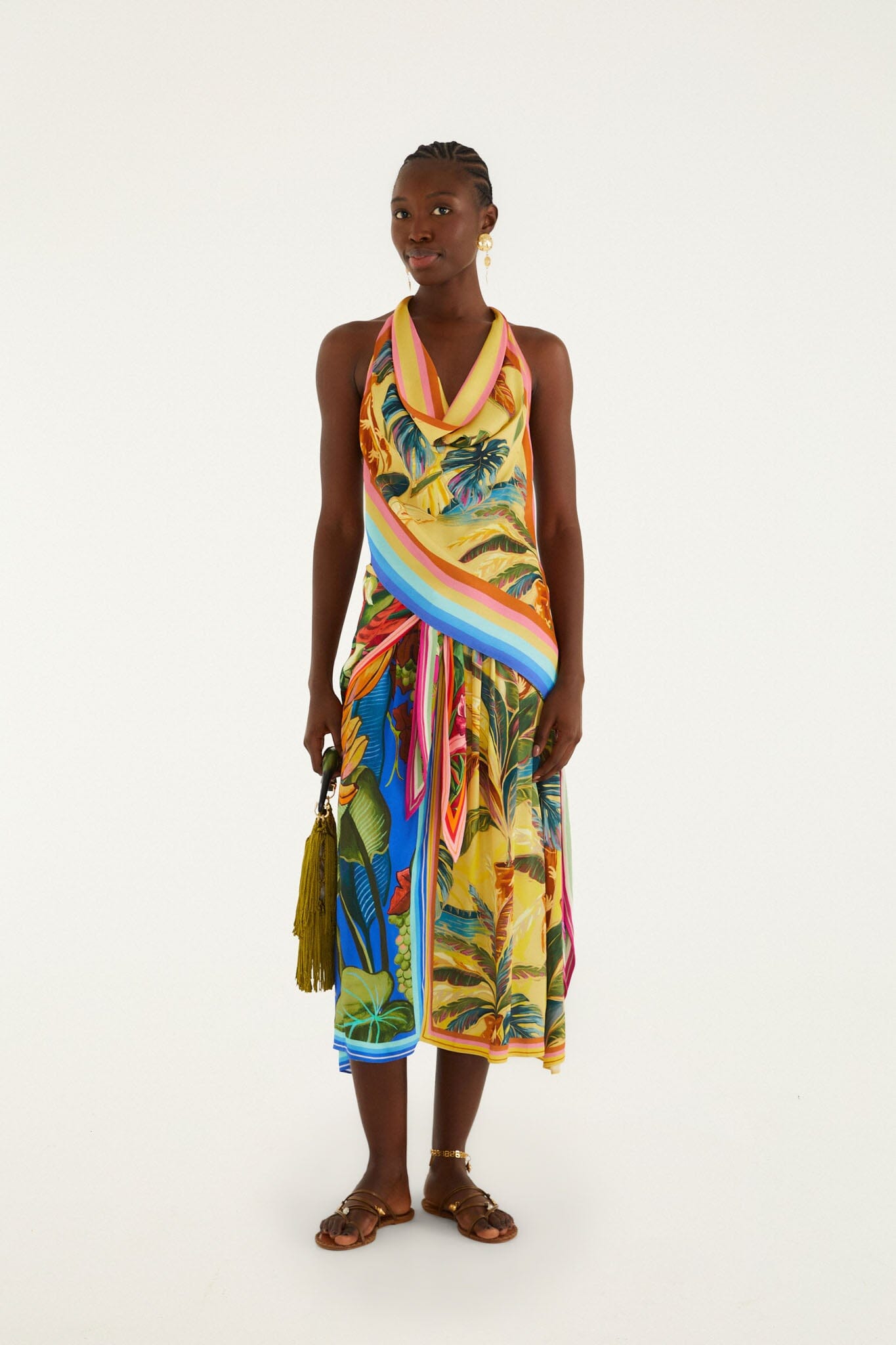 FARM Rio Multicolor Rainbow Summer Mixed Scarves Lenzing Ecovero Viscose Midi Skirt, Rainbow Summer Mixed Scarves Multicolor / S