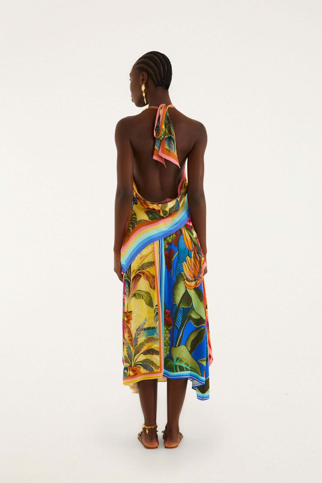 FARM Rio model wearing the Multicolor Rainbow Summer Mixed Scarves Lenzing Ecovero Viscose Midi Skirt