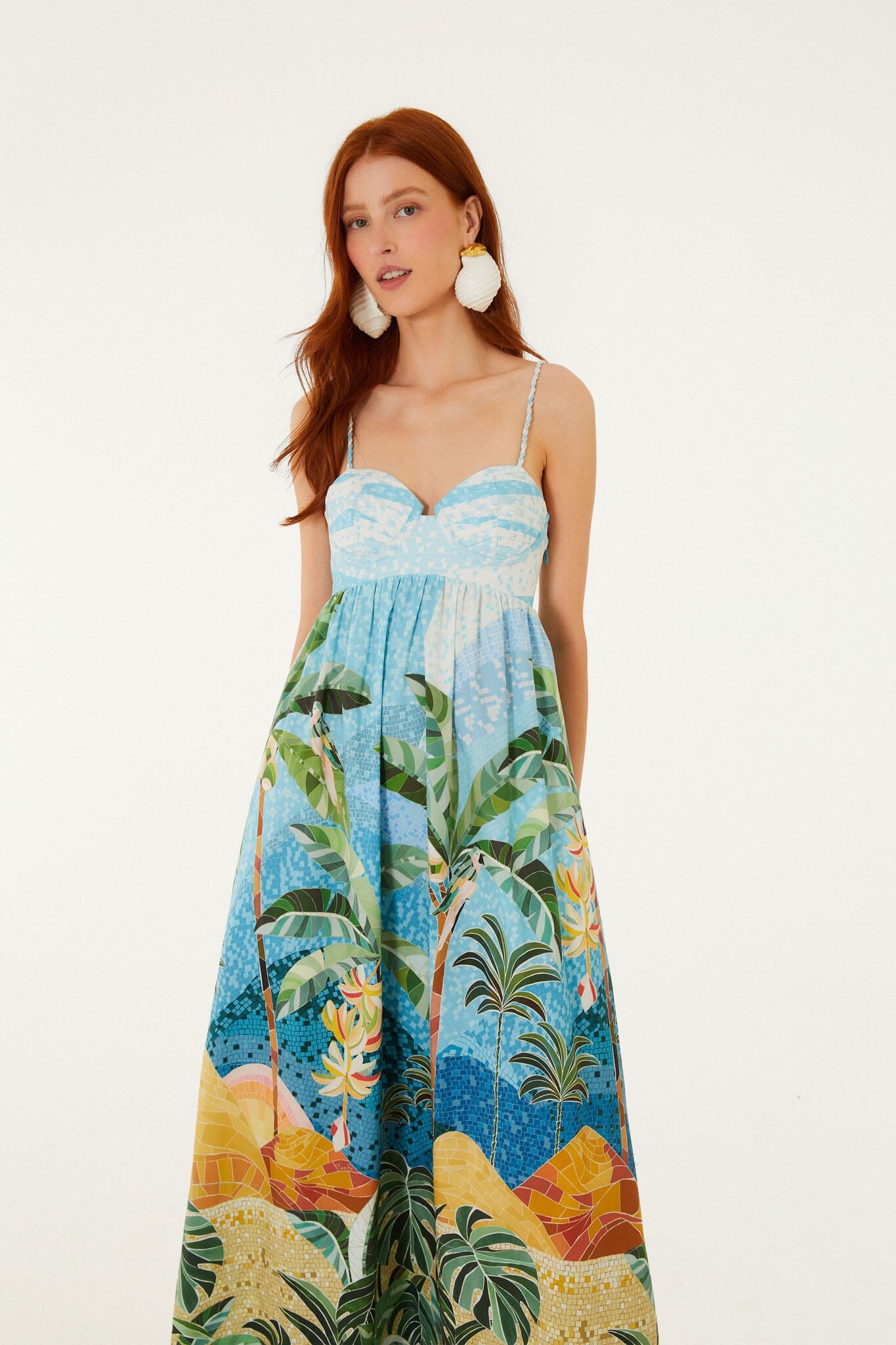 FARM Rio model wearing the Multicolor Rio Mosaic Sweetheart Neck Maxi Dress