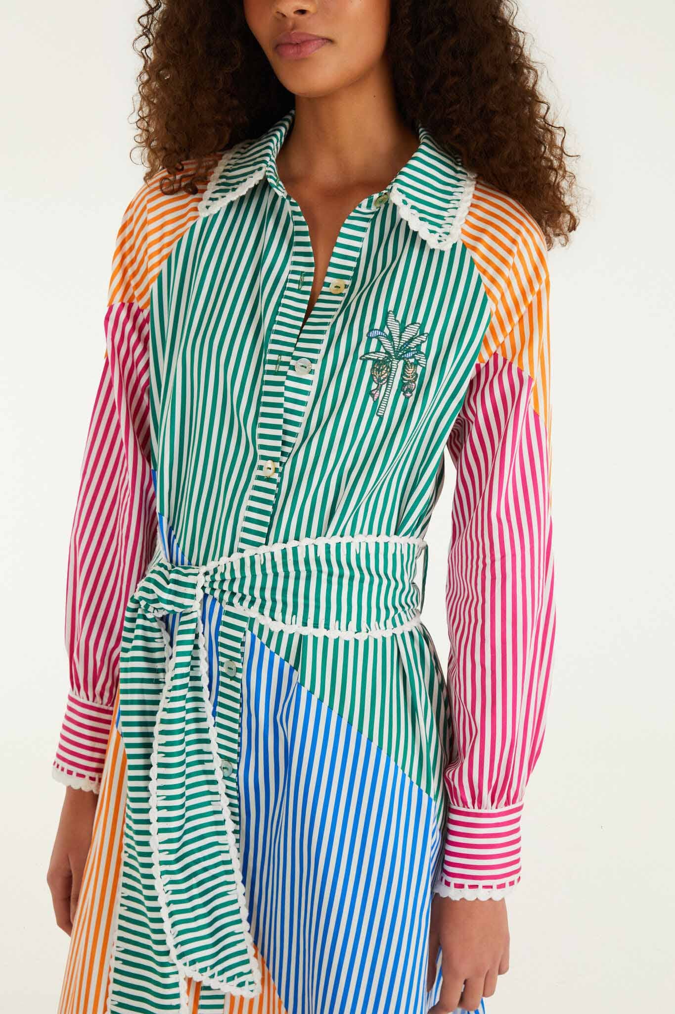 FARM Rio model wearing the Multicolor Stripes Embroidered Belted Organic Cotton Midi Dress
