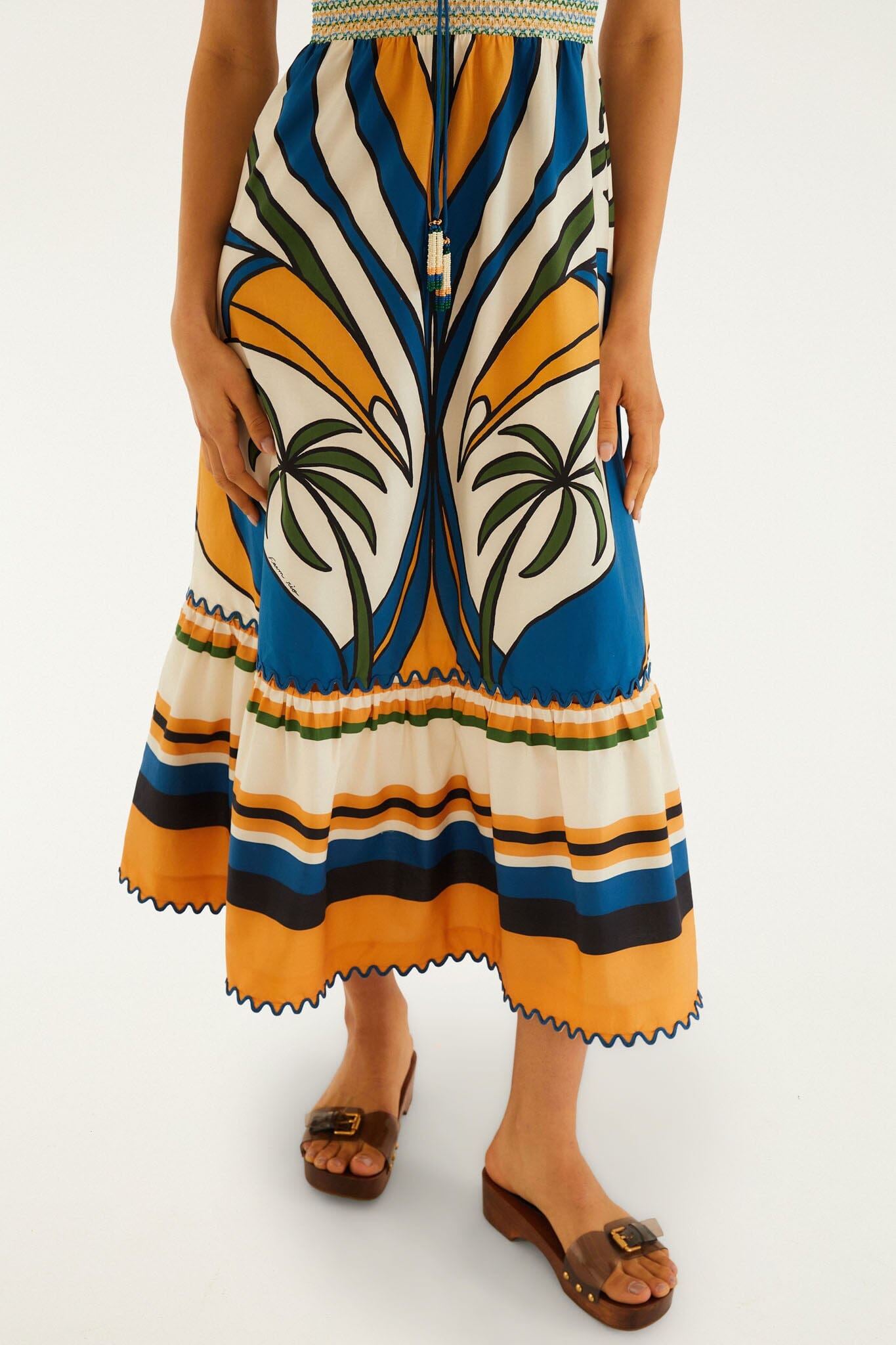 FARM Rio model wearing the Multicolor Tropical Graphic Wavy Detail Maxi Dress
