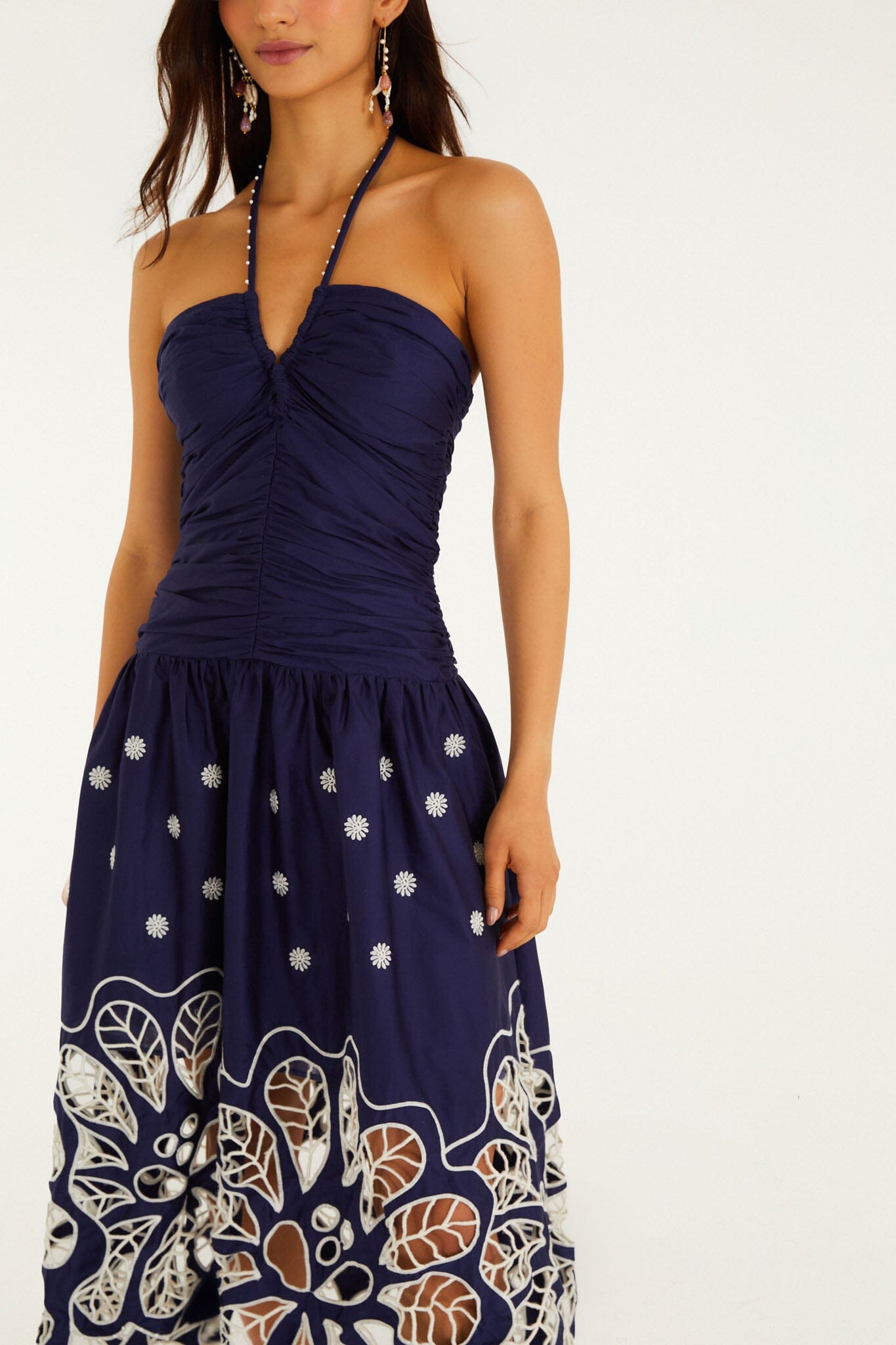 FARM Rio model wearing the Navy Blue Embroidered Richelieu Midi Dress