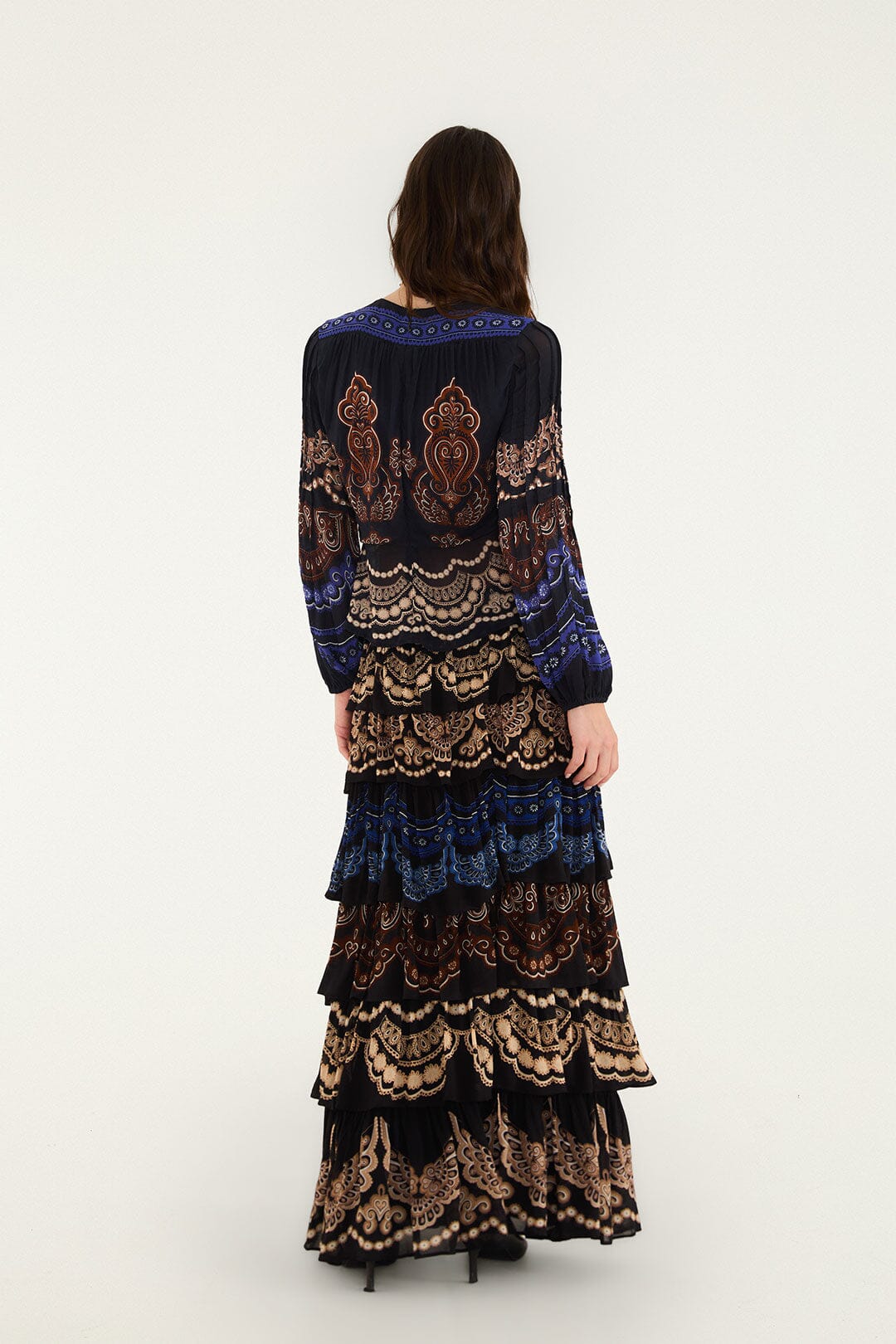 FARM Rio model wearing the Nicole Ruffled Maxi Skirt