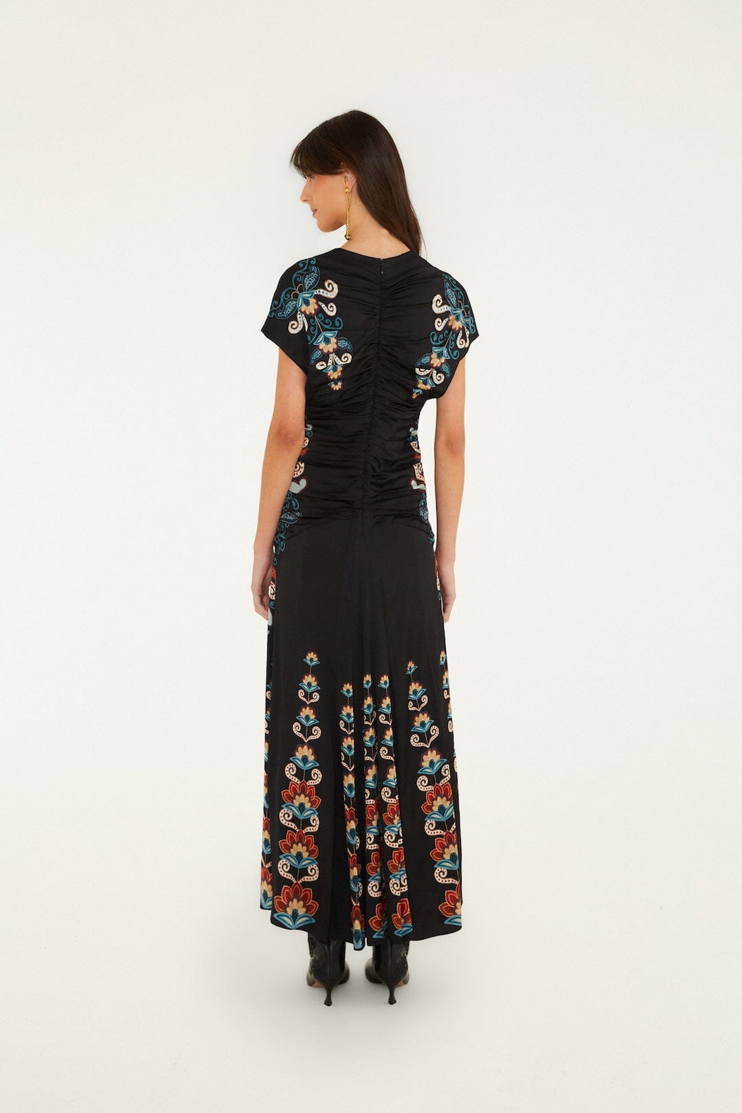 FARM Rio model wearing the Nikita Winter Short Sleeve Ruched Maxi Dress