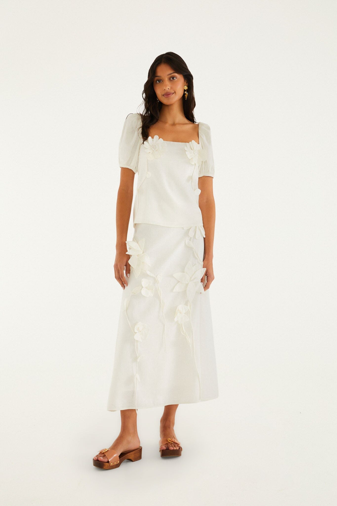FARM Rio model wearing the Off-White 3d Flowers Puff Sleeve Blouse