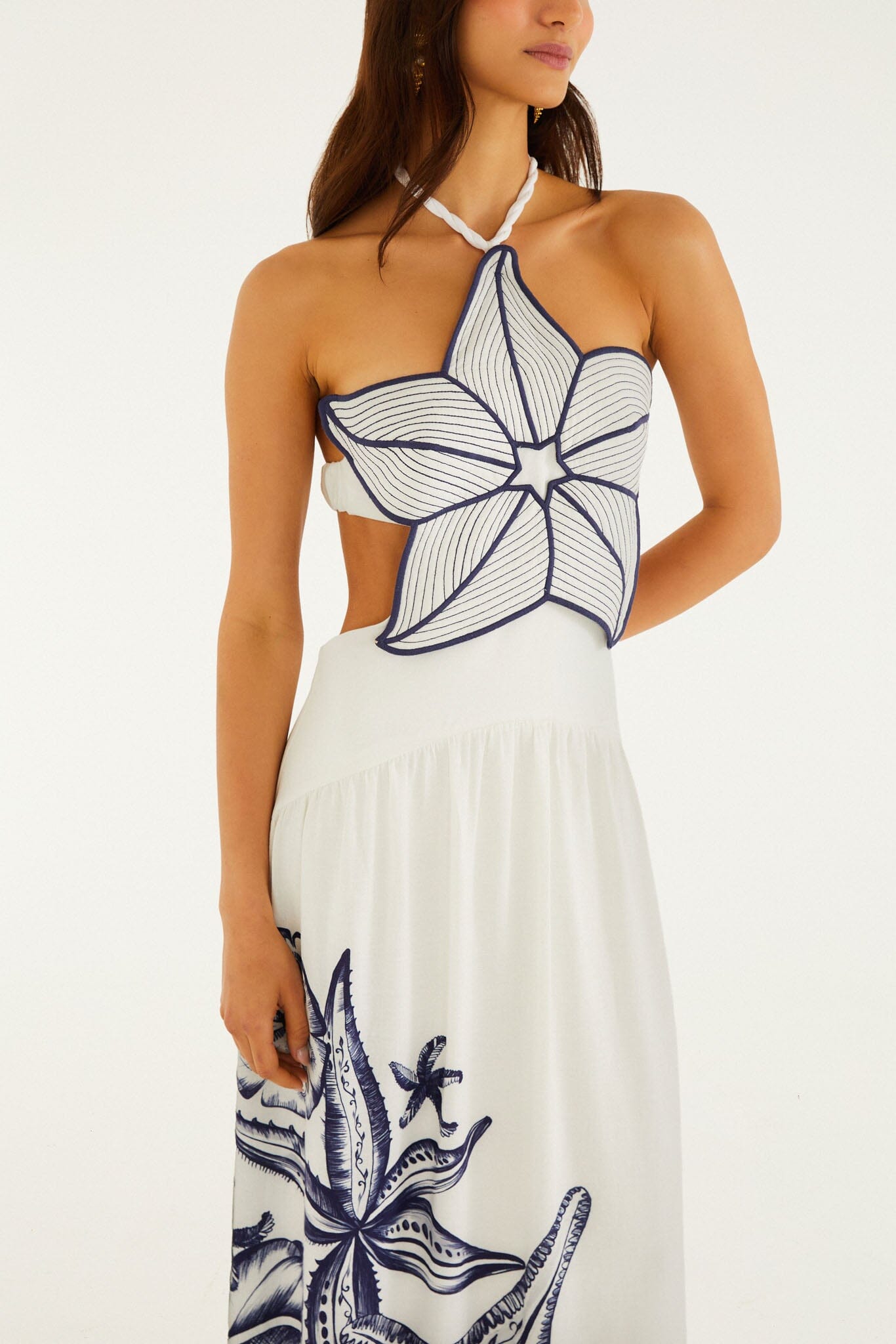 FARM Rio model wearing the Off-White Coast Stars 3d Bodice Lenzing Ecovero Euroflax Maxi Dress