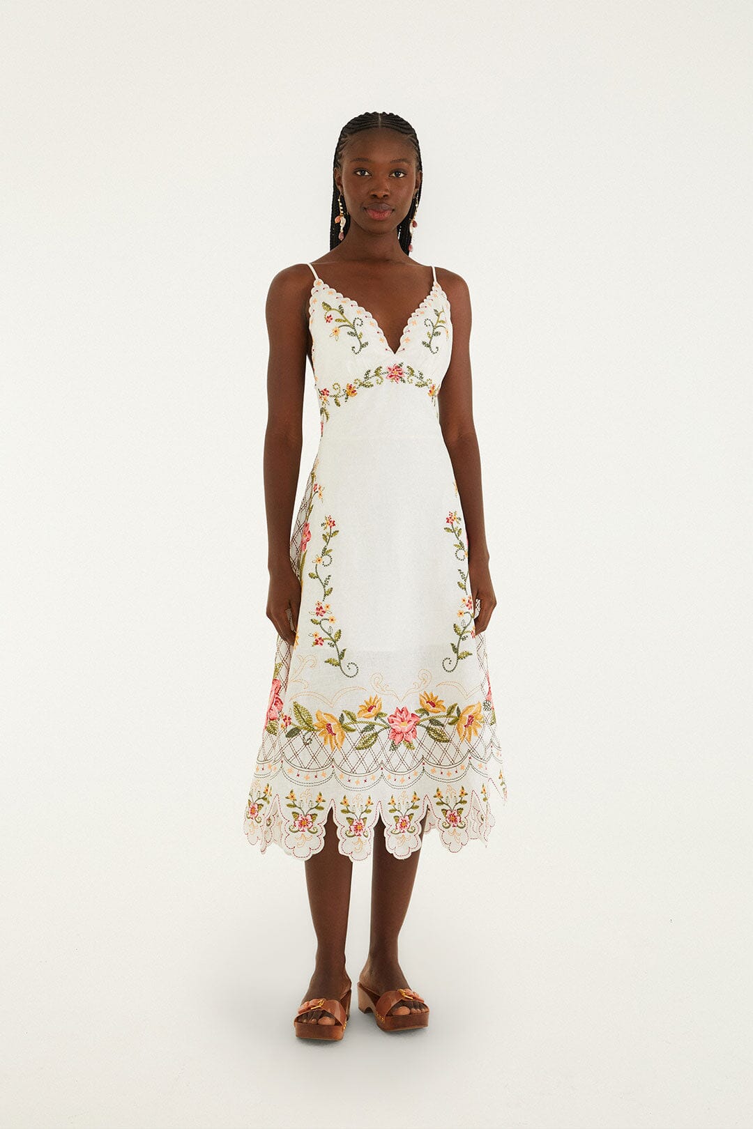 Off-White Flower Embroidery Asymetric Hem Midi Dress | FARM Rio