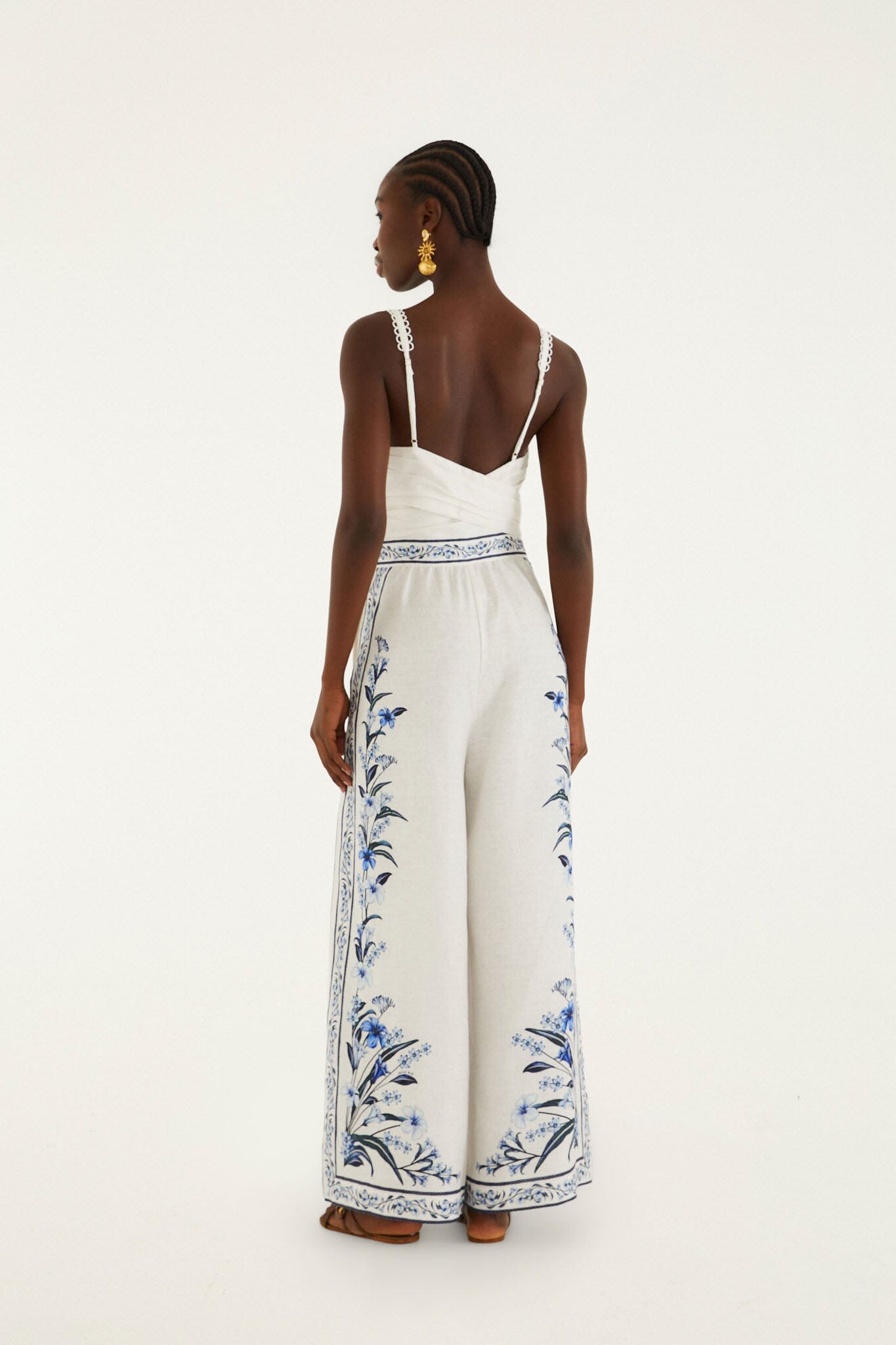 FARM Rio model wearing the Off-White Flowers Arch Euroflax Premium Linen Maxi Jumpsuit