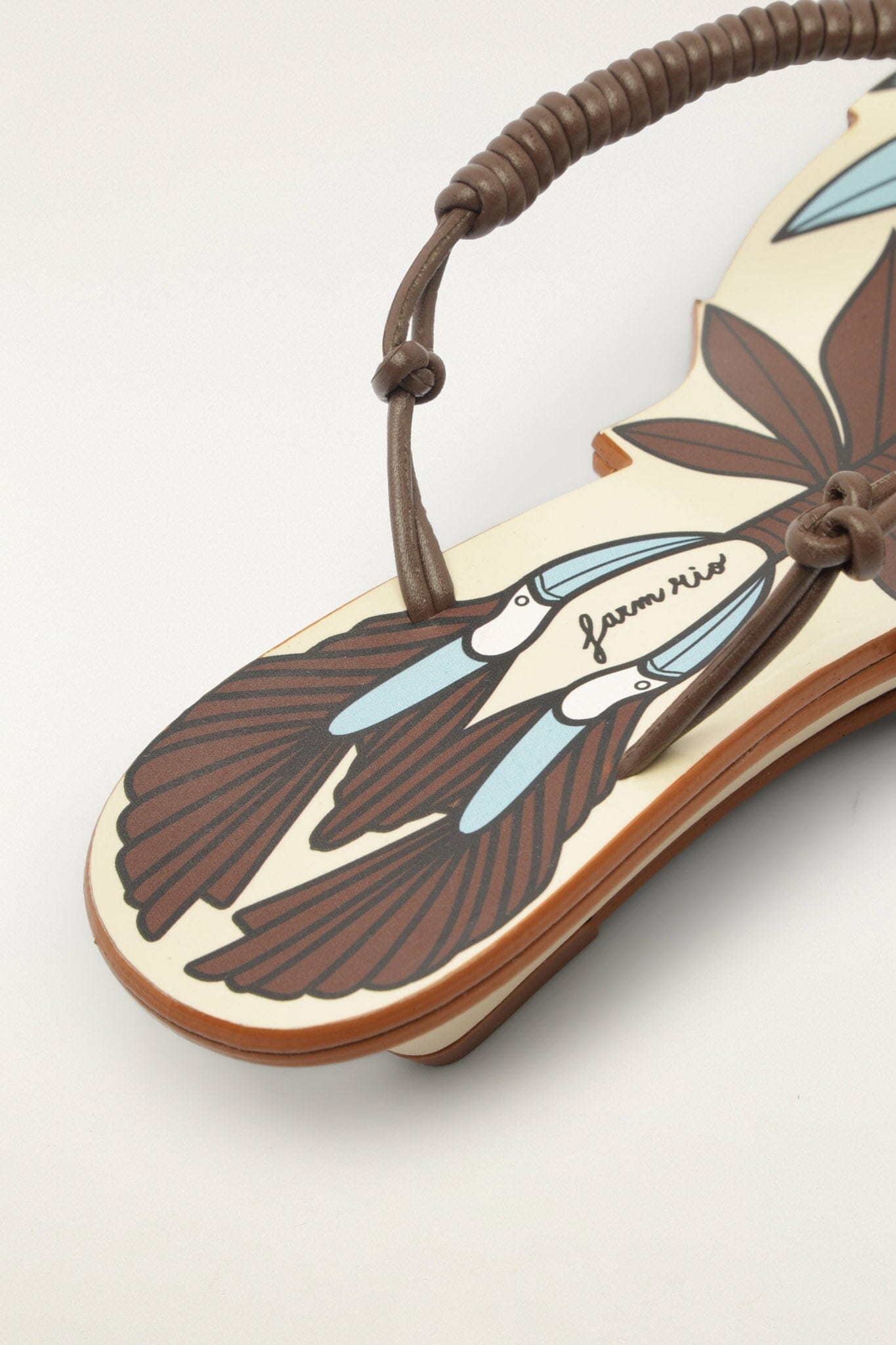 FARM Rio model wearing the Off-White Palm Tree Cutwork Wedge Sandal
