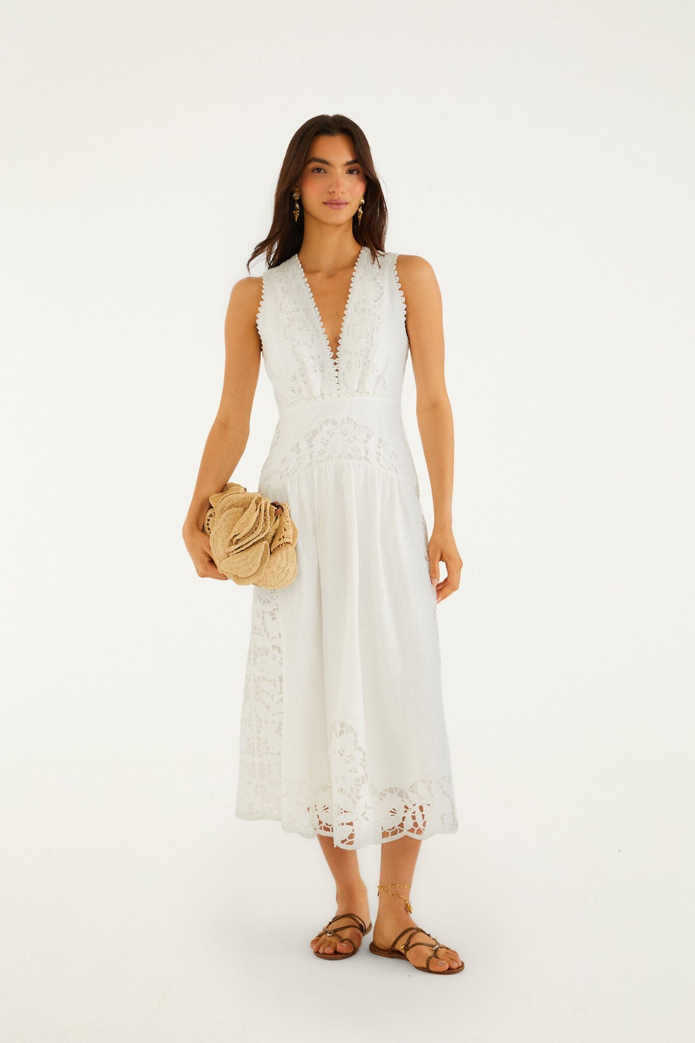 white midi flowy dress FARM Rio White Crochet Halter Neck Sheer Midi Dress, MARTINA TAPESTRY / XL main image 0