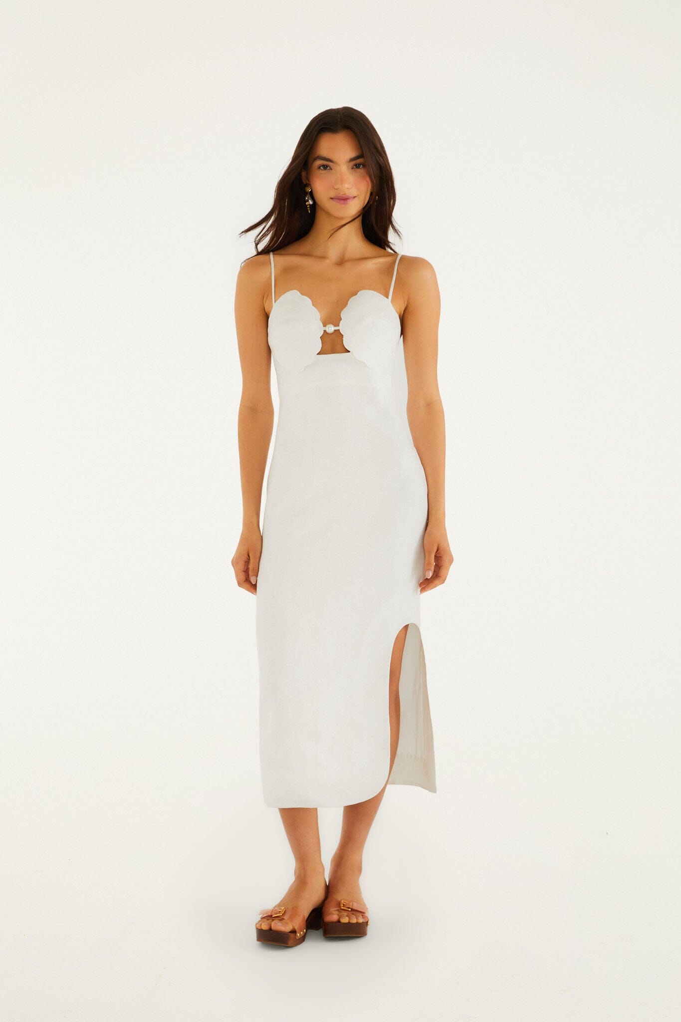 Off-White Shell Bodice Pearl Midi Dress | FARM Rio Off-White Shell Bodice Pearl Midi Dress | FARM Rio