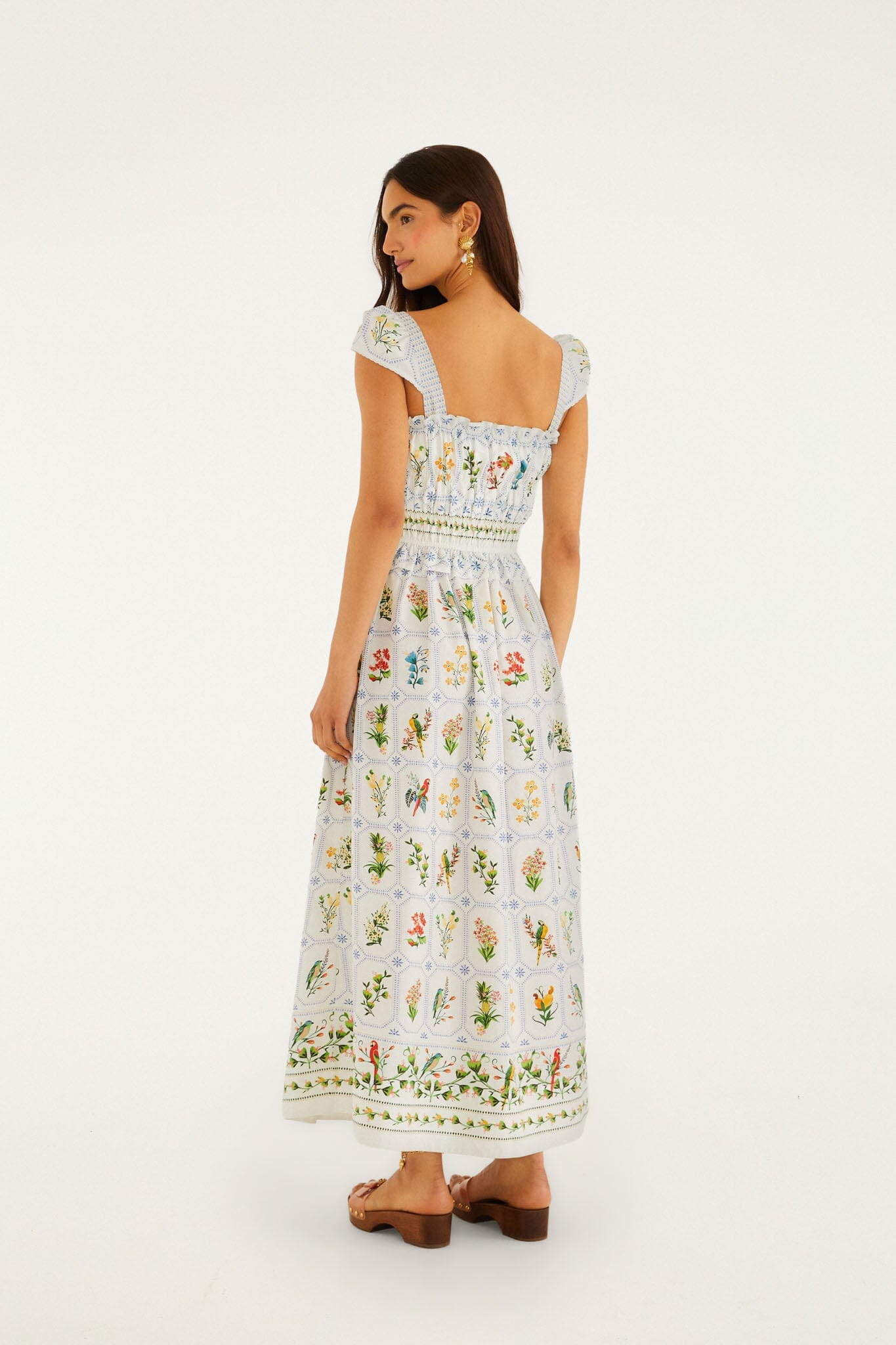 FARM Rio model wearing the Off-White Tropical Porcelain Organic Cotton Maxi Dress