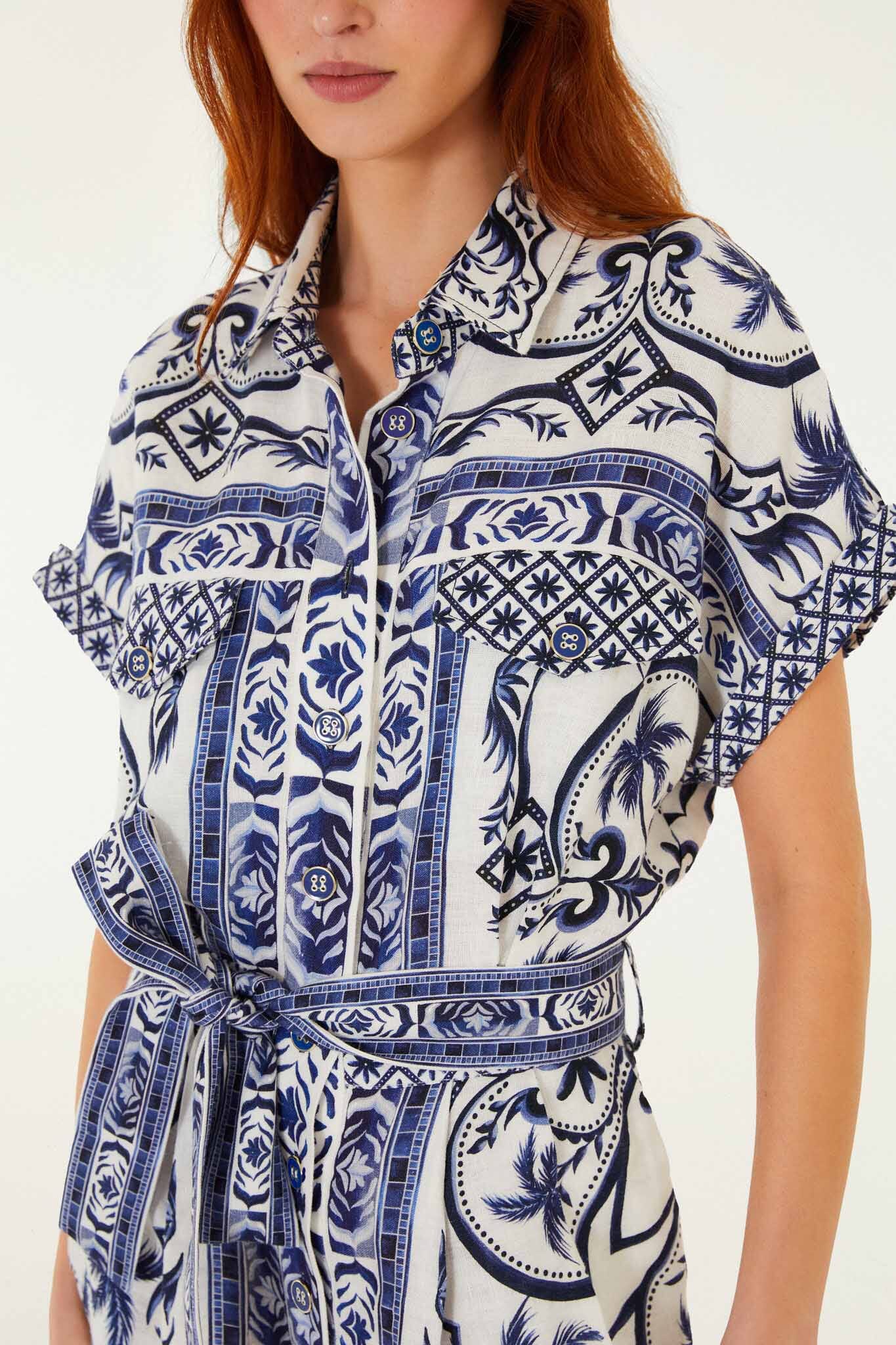 FARM Rio model wearing the Off-White Wonderful City Belted Euroflax Premium Linen Romper