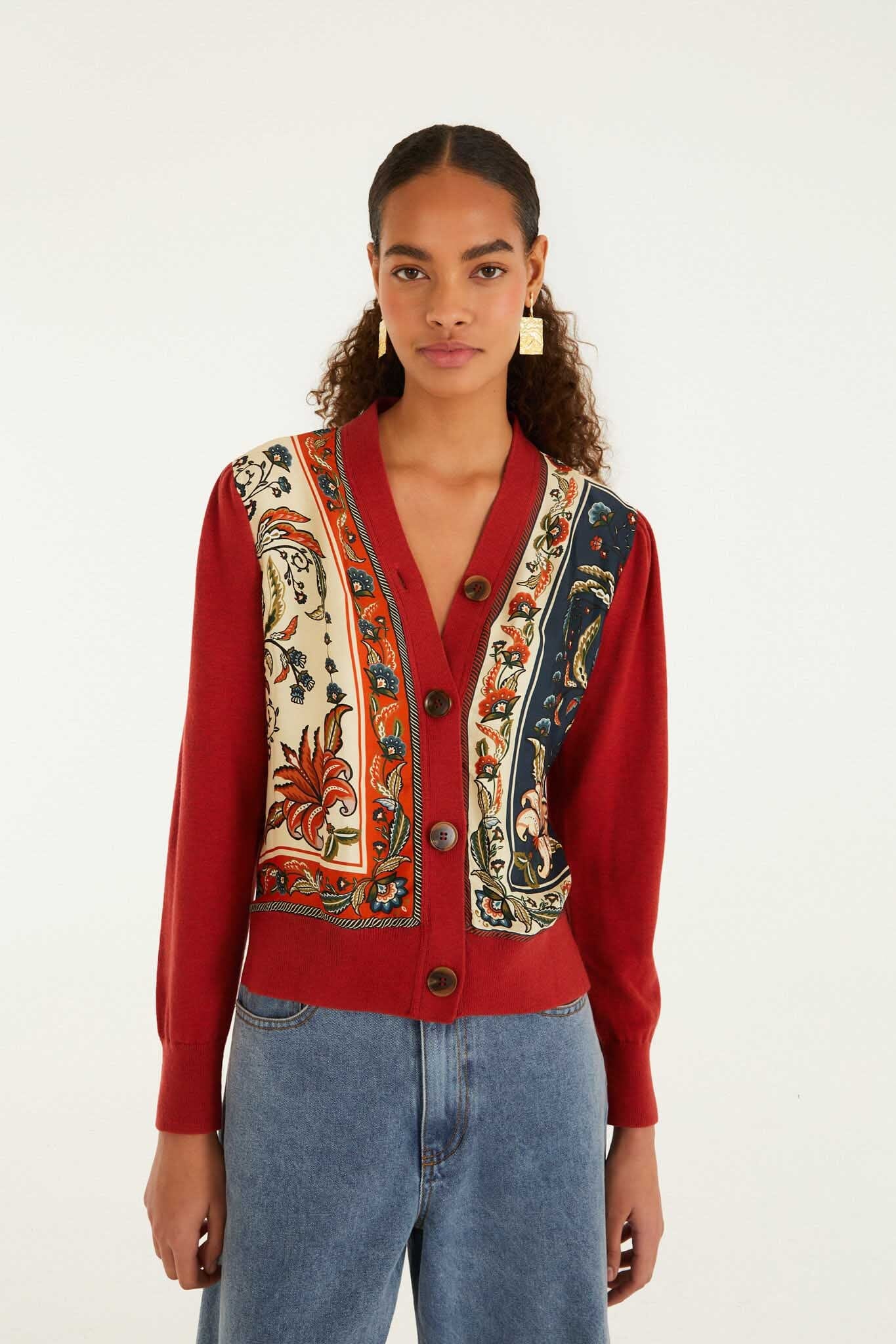 Red Ainika Garden Scarf Buttoned Knit Cardigan | FARM Rio