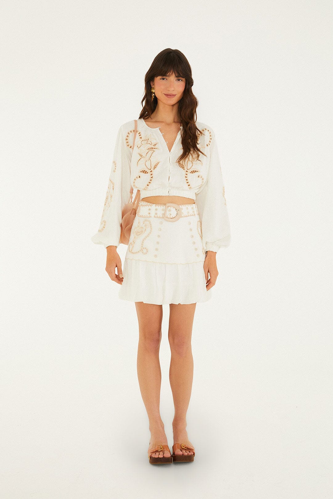 FARM Rio model wearing the Richilieur Off-White Long Sleeve Blouse