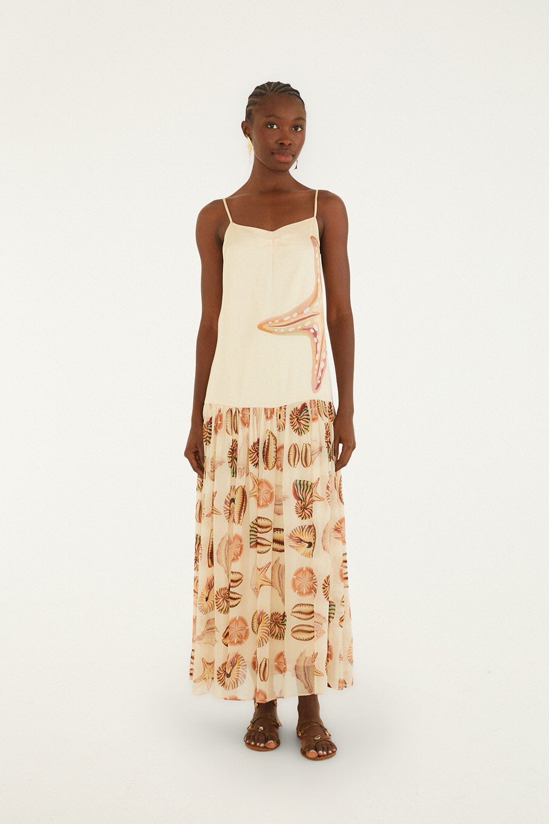 Sand Marine Shells Pleated Sleeveless Maxi Dress