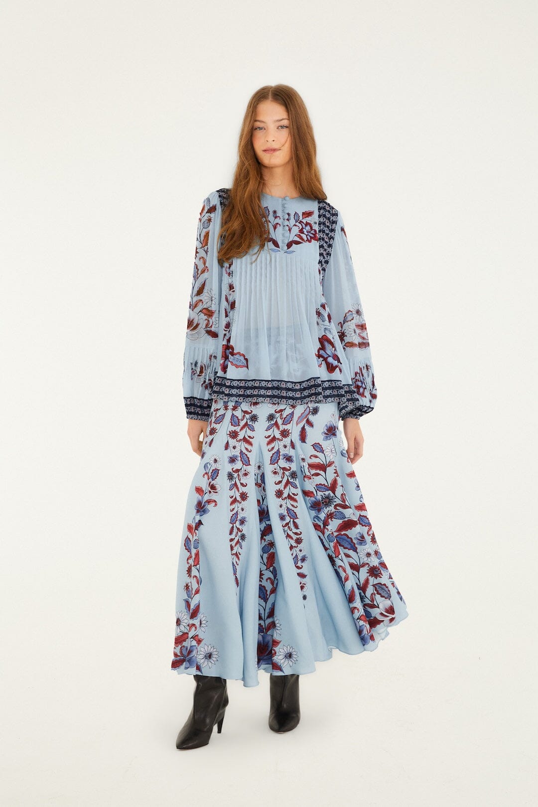 FARM Rio model wearing the Soft Blue Marcelle Crochet Buttons Pleated Blouse