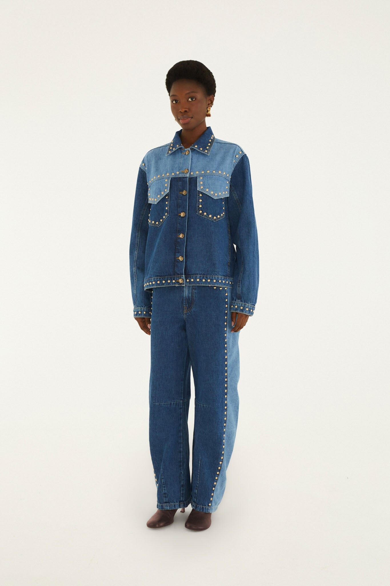 FARM Rio model wearing the Studded Metal Denim Jacket