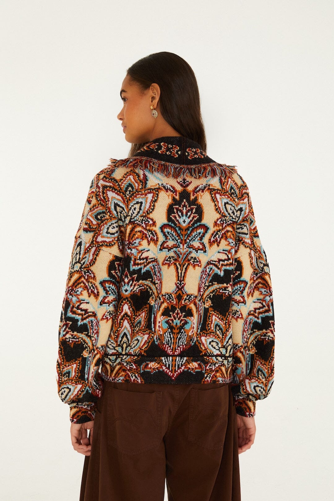 FARM Rio model wearing the Tapestry Dream Fringe Knit Cardigan