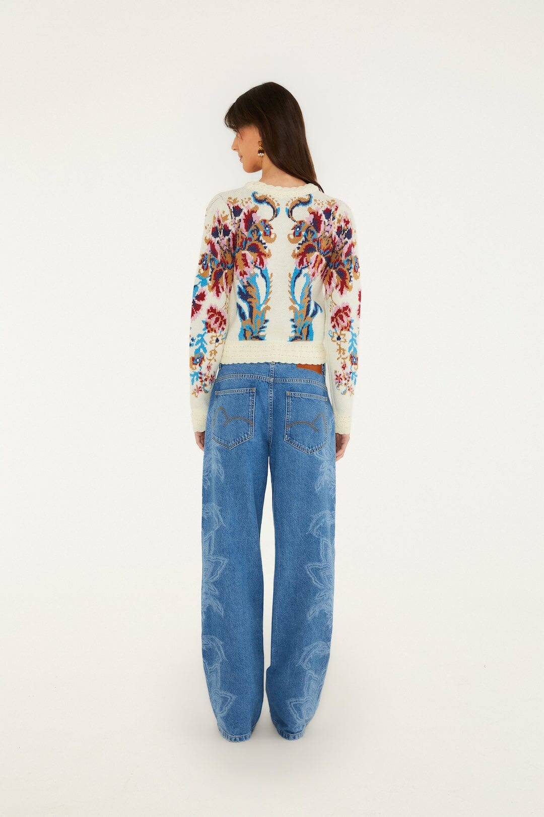 FARM Rio model wearing the Tapestry Dream Laser Denim Trousers
