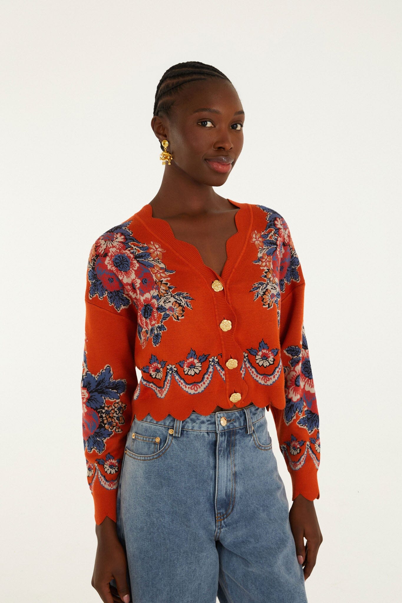 Terracota Victorian Floral Buttoned Knit Cardigan | FARM Rio