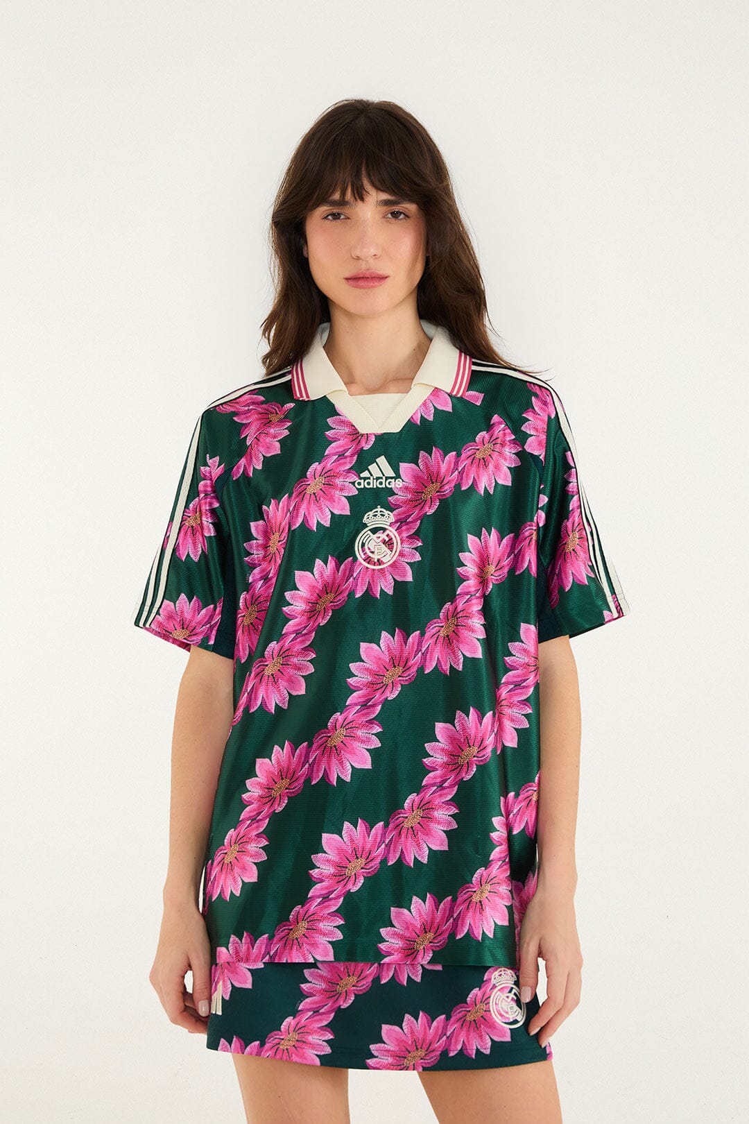 FARM Rio model wearing the Tshirt Adidas Flowerbana Green