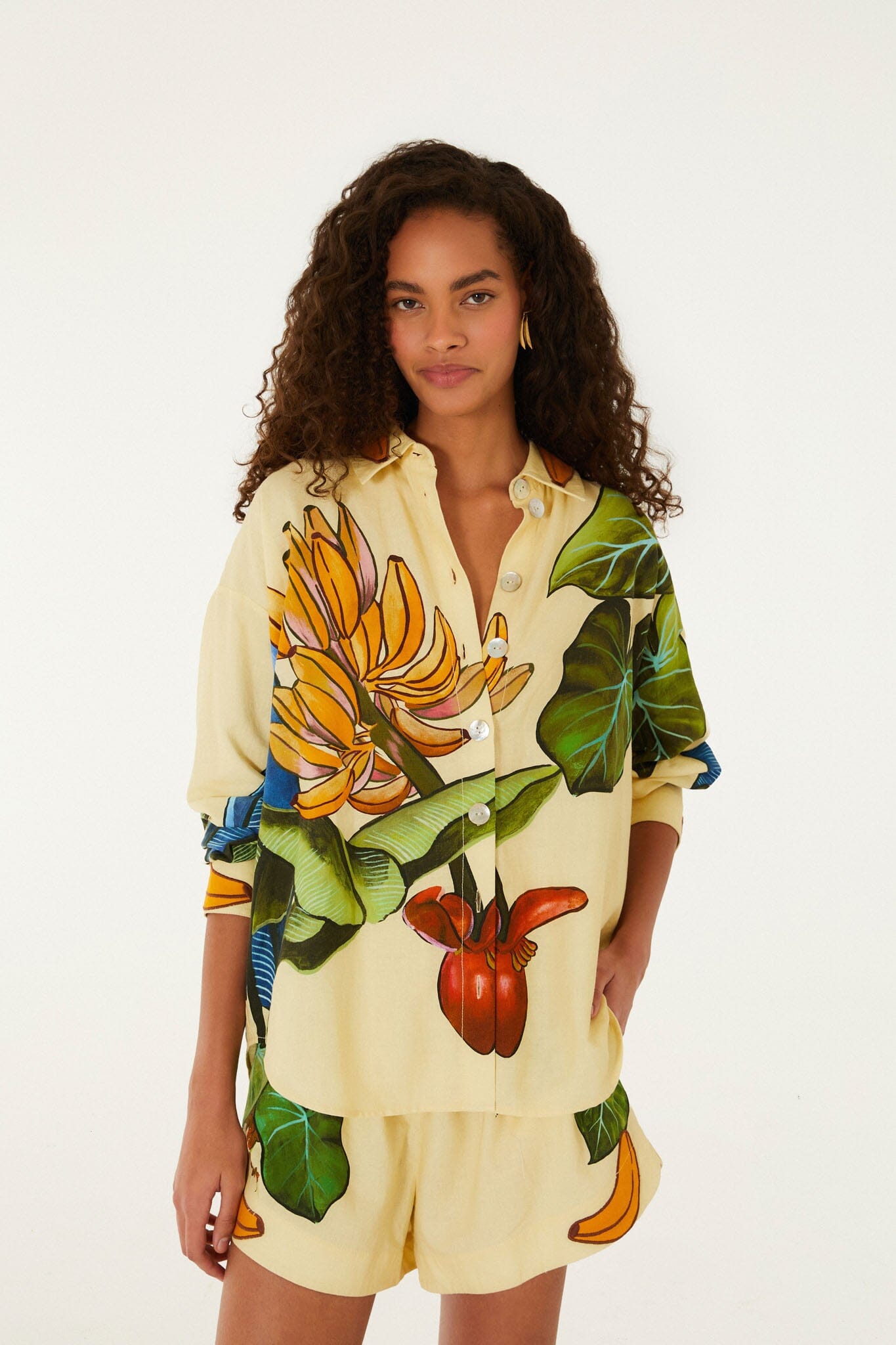 FARM Rio model wearing the Yellow Banana Grapes Drawstring Lenzing Ecovero Euroflax Shorts