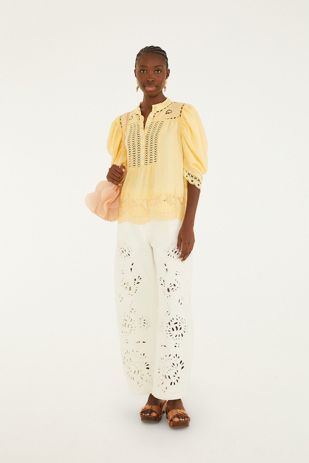 FARM Rio model wearing the Yellow Romantic Richelieu Short Sleeve Blouse