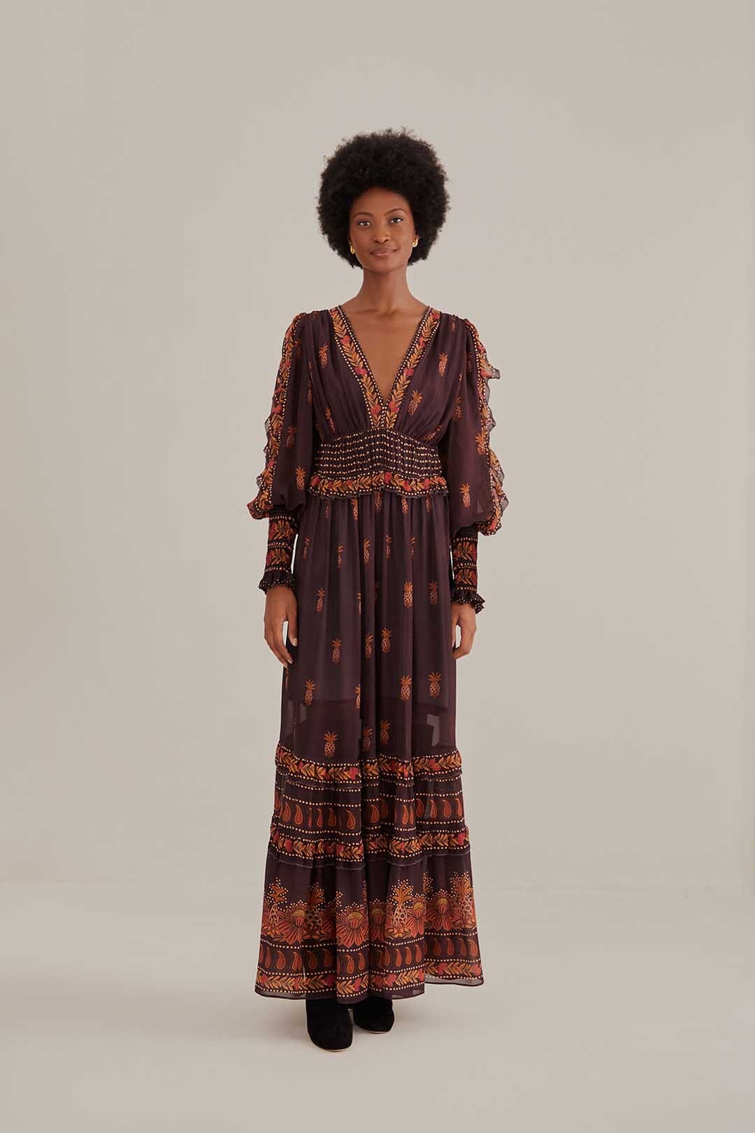 Brown Paisley Bloom Long Sleeve Maxi Dress – FARM Rio