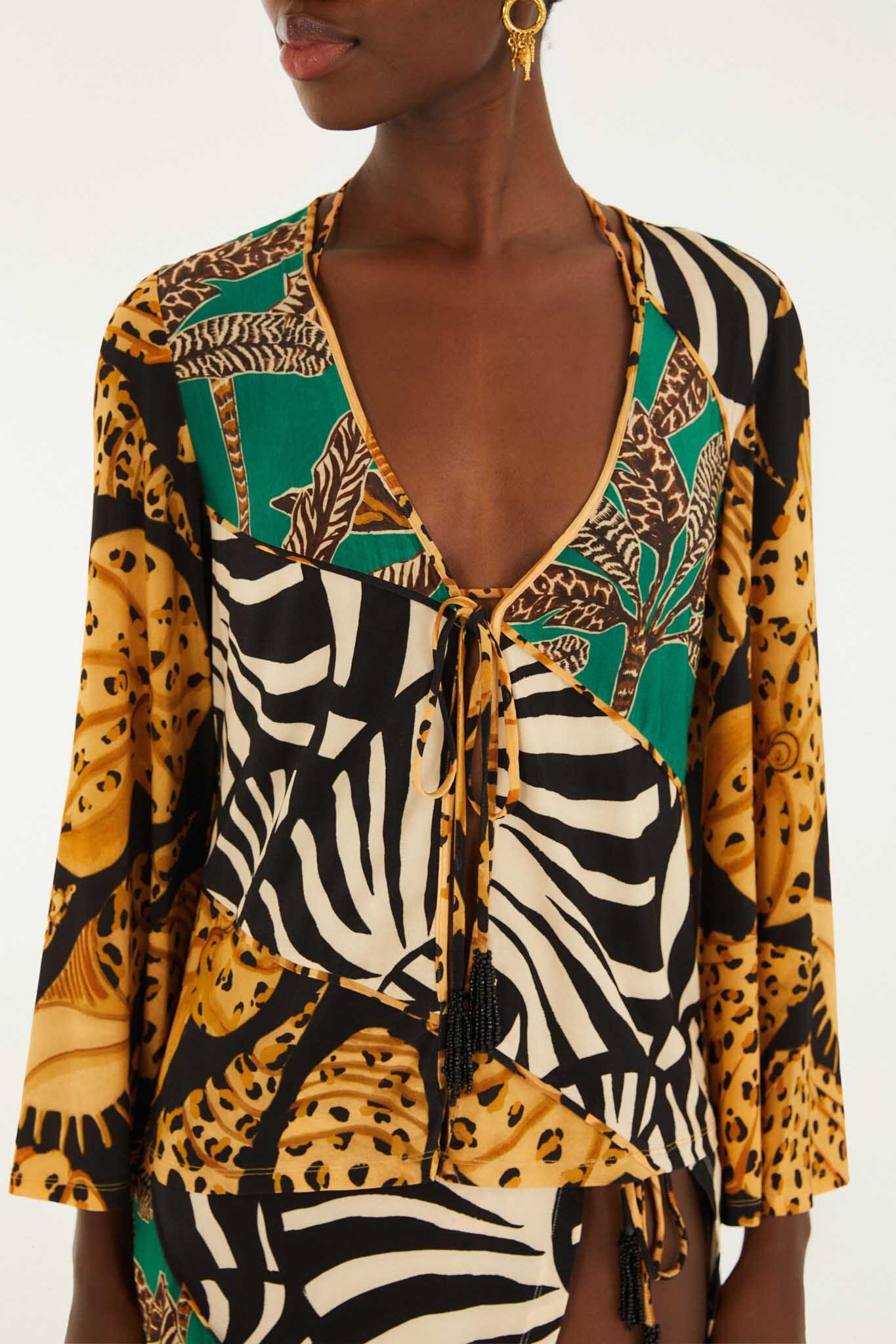 Blouse With Piping Detail And Ties On The Front