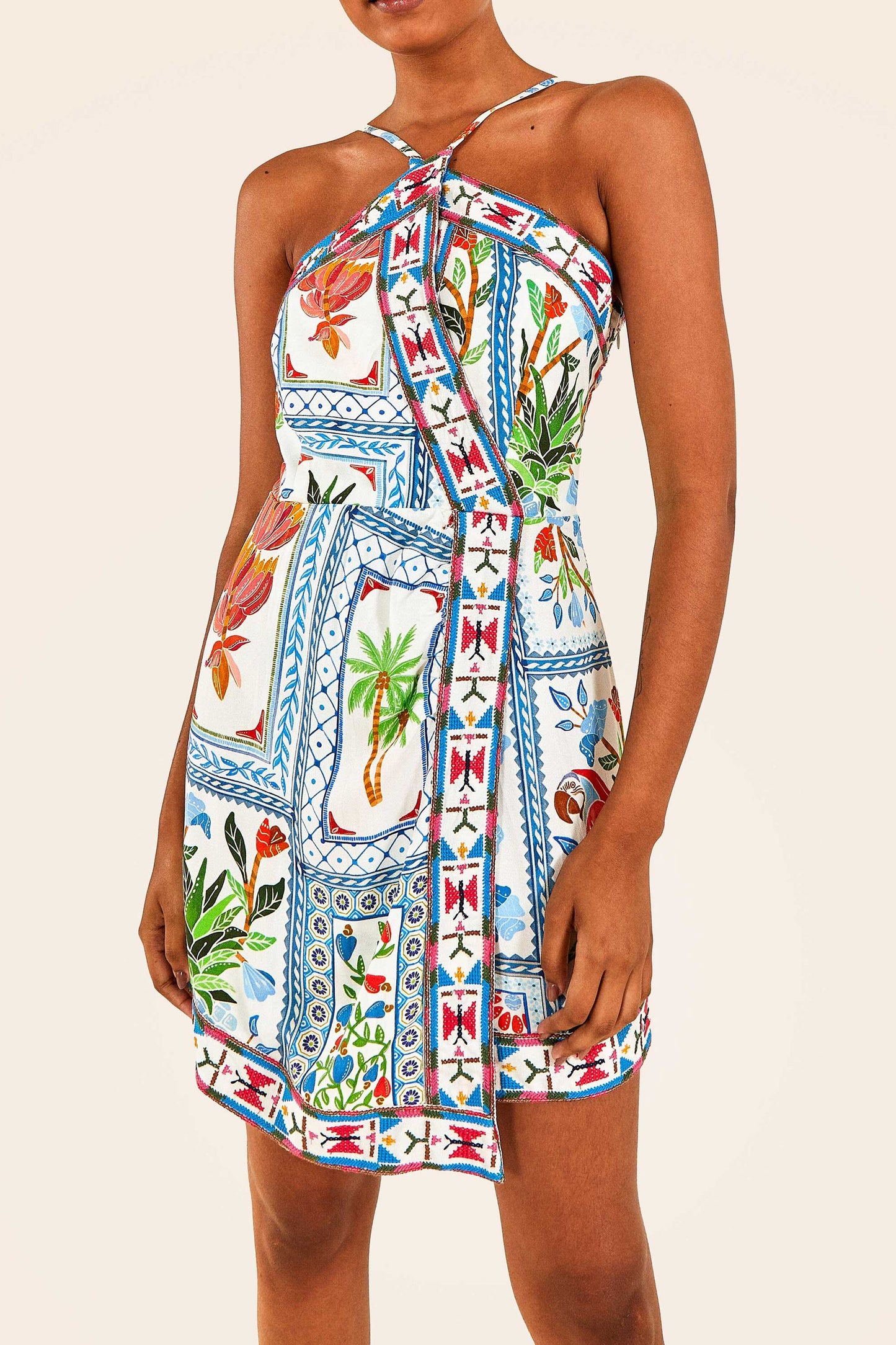 Tropical Tiles Embroidered Mini Dress