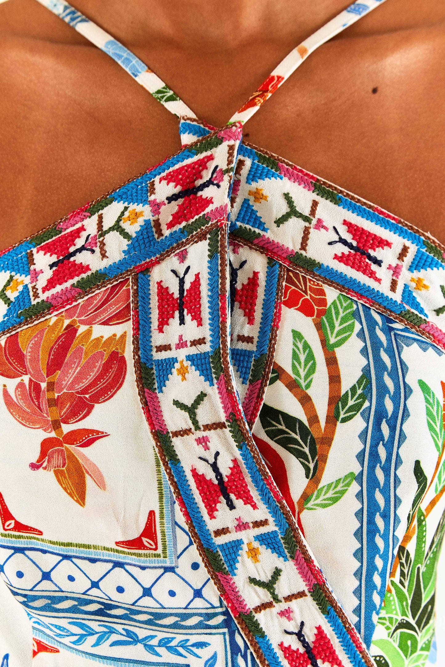 Tropical Tiles Embroidered Mini Dress