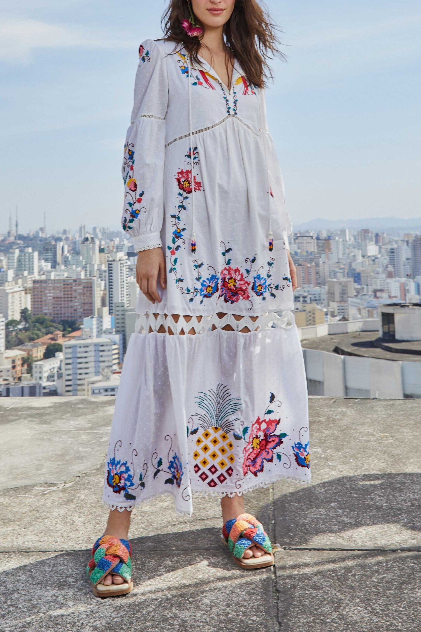 Macaw Cross Stitch Embroidered Maxi Dress