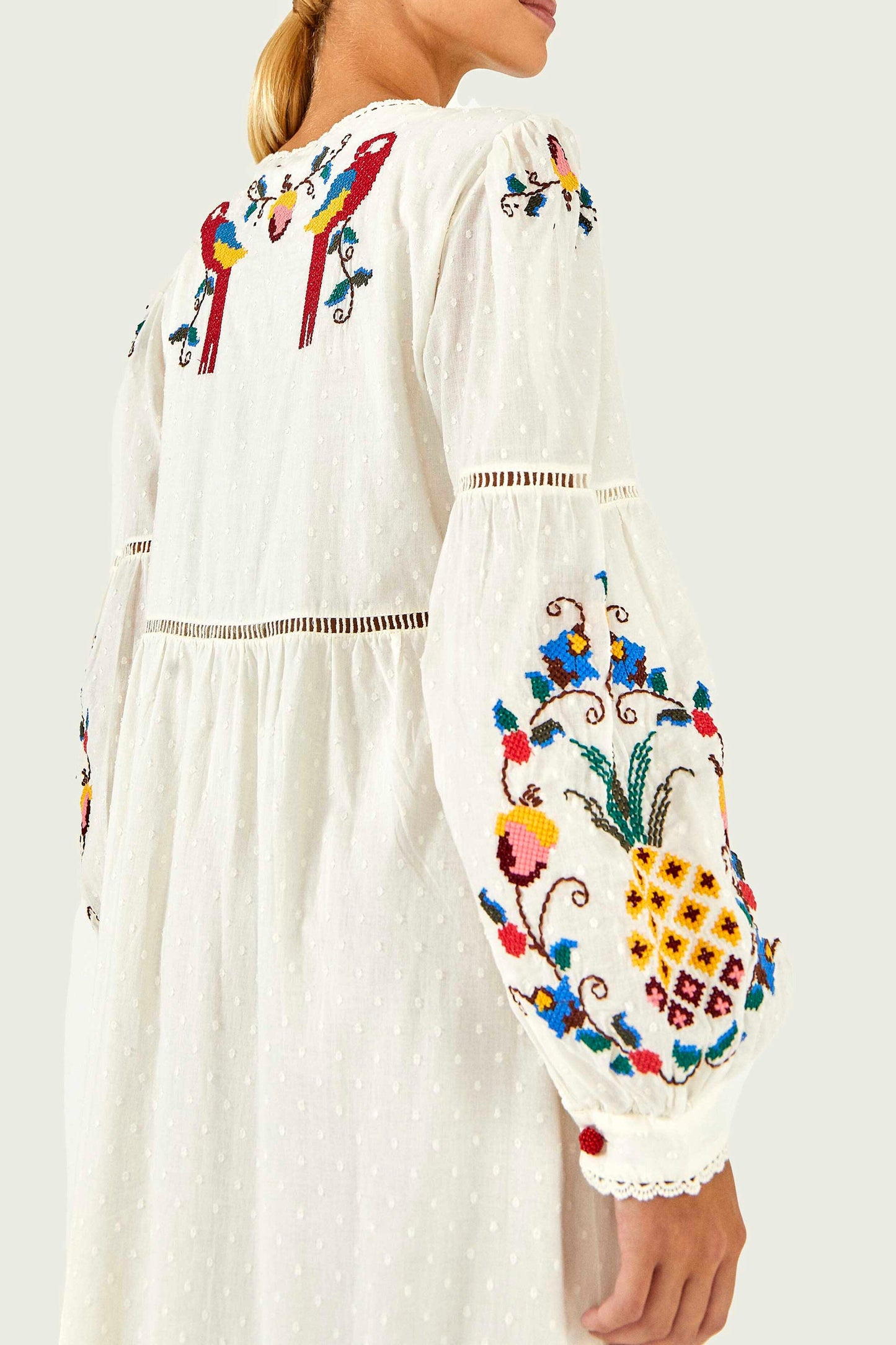 Macaw Cross Stitch Embroidered Maxi Dress