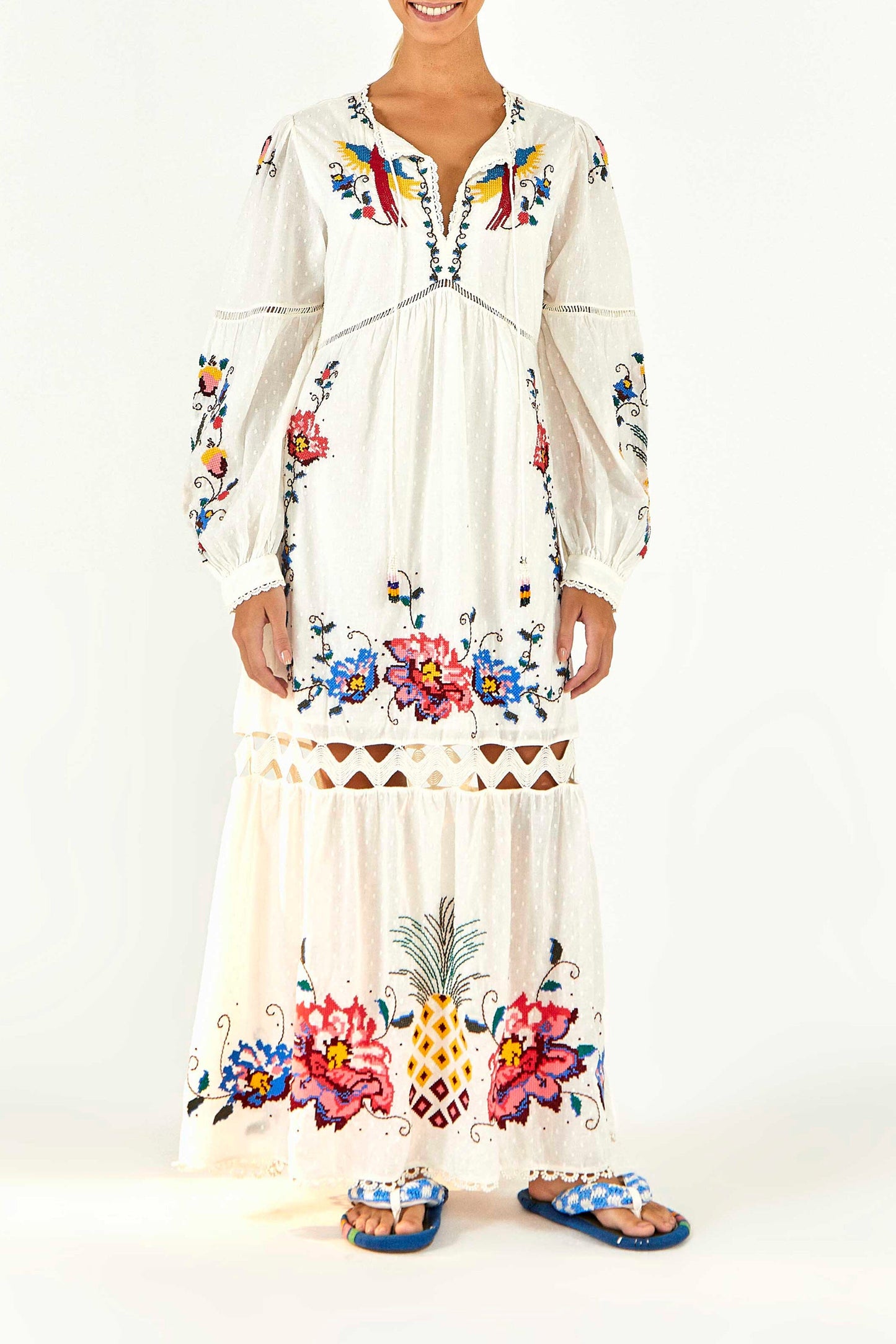 Macaw Cross Stitch Embroidered Maxi Dress