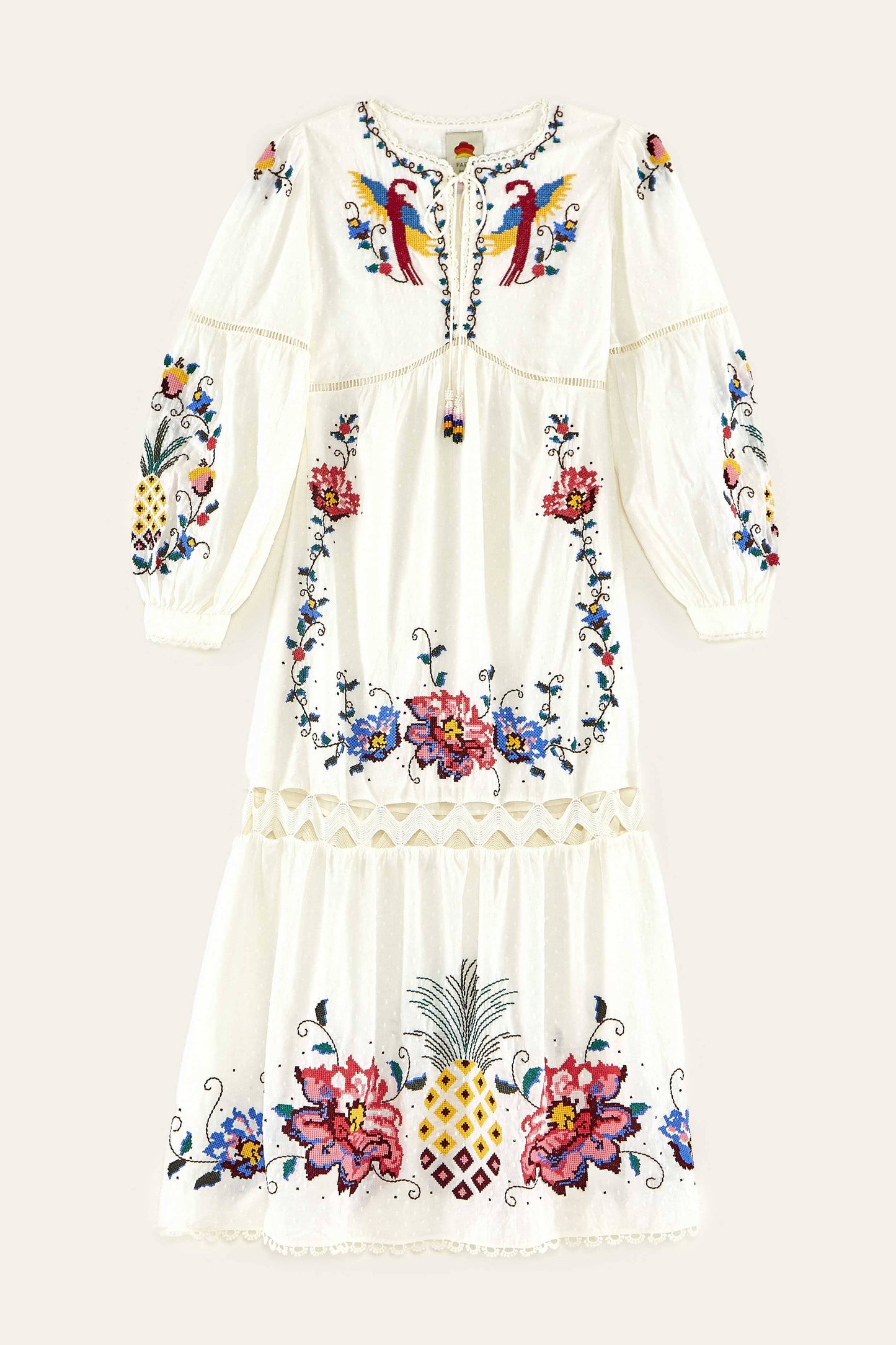 Macaw Cross Stitch Embroidered Maxi Dress