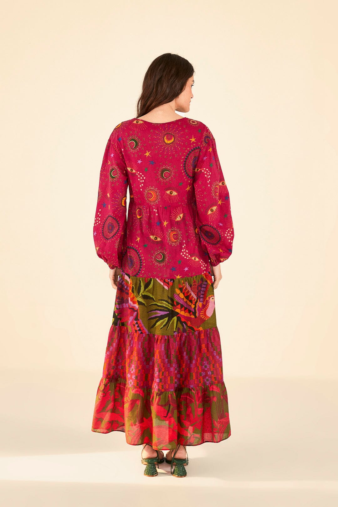 Mixed Prints Embroidered Yoke Maxi Dress