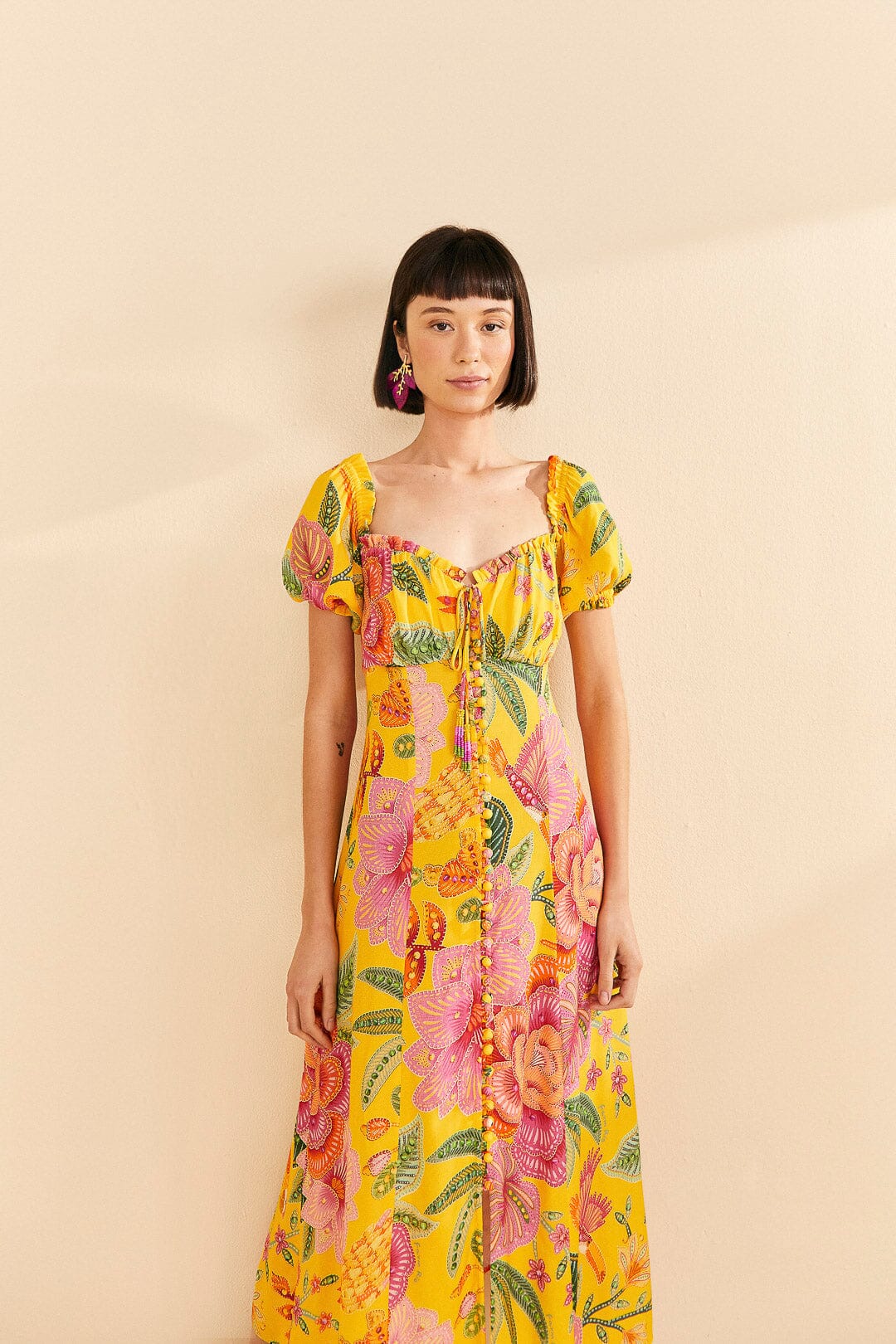 Yellow Macaw Bloom Puff-Sleeve Midi Dress – FARM Rio