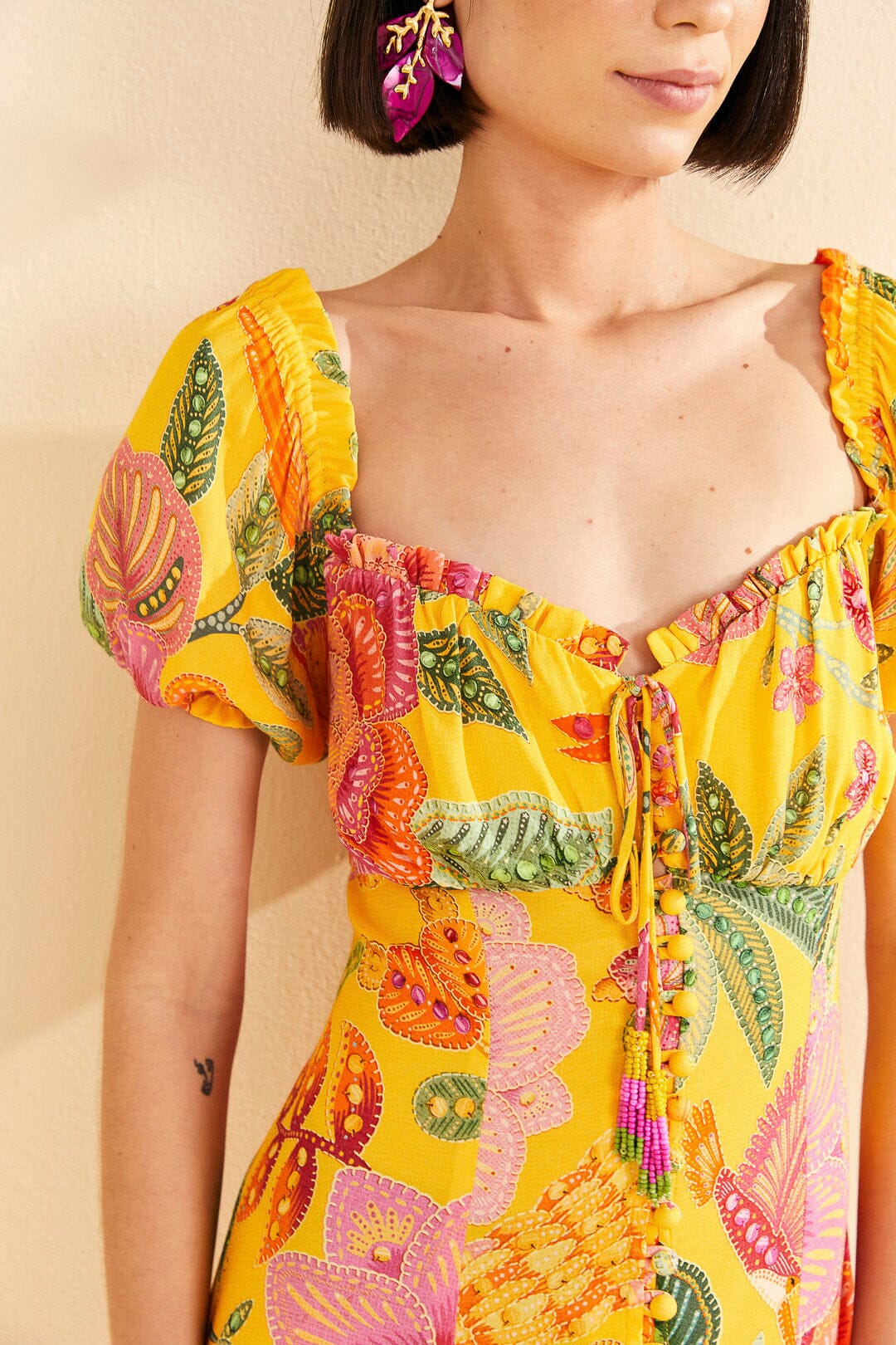 Yellow Macaw Bloom Puff-Sleeve Midi Dress – FARM Rio