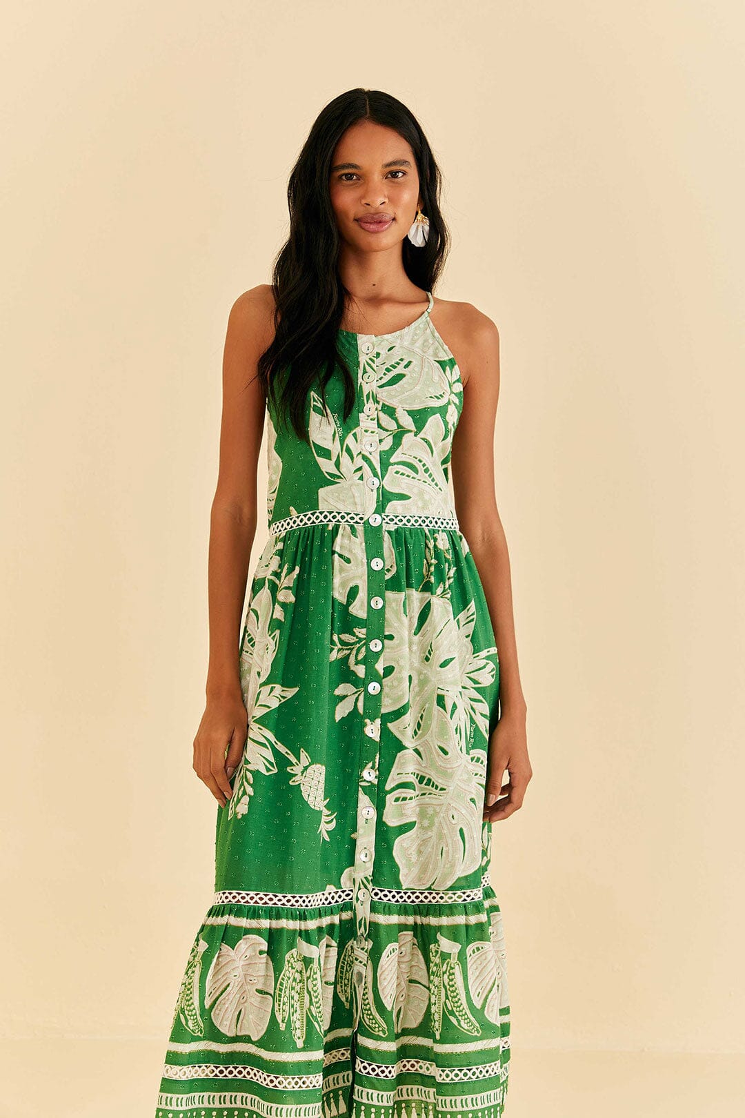 Green Lace Monsteras Midi Dress