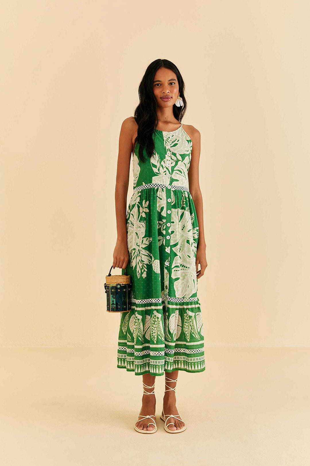 Green Lace Monsteras Midi Dress