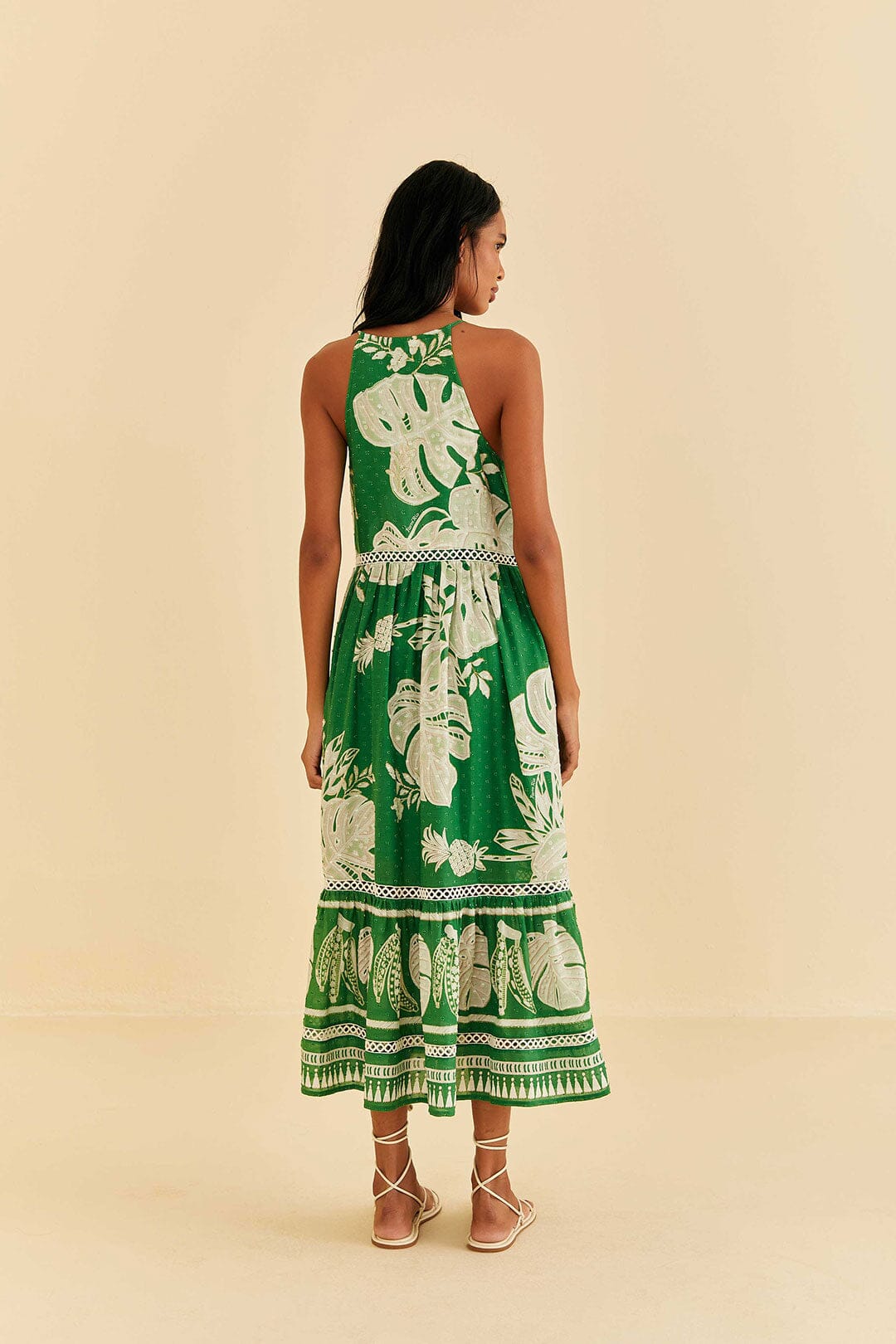 Green Lace Monsteras Midi Dress