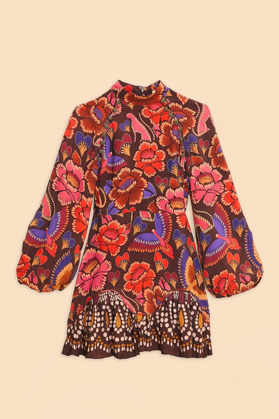 Brown Bright Flora Long Sleeve Mini Dress