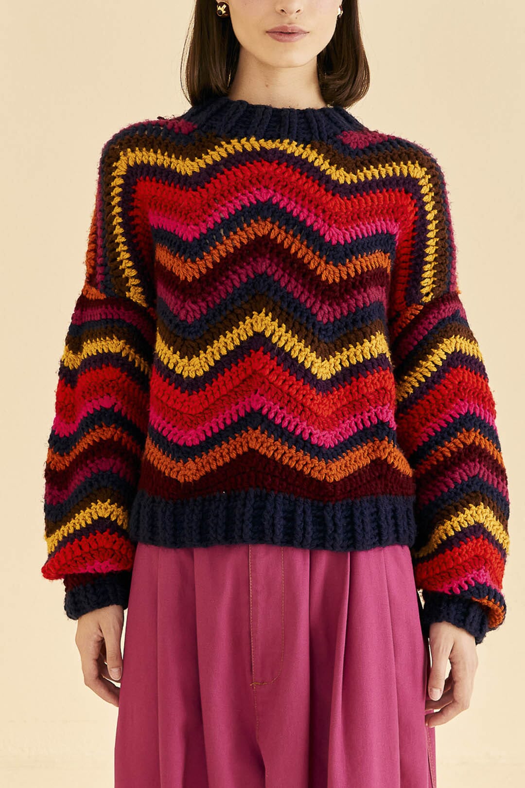 Colorful Waves Crochet High Neck Sweater