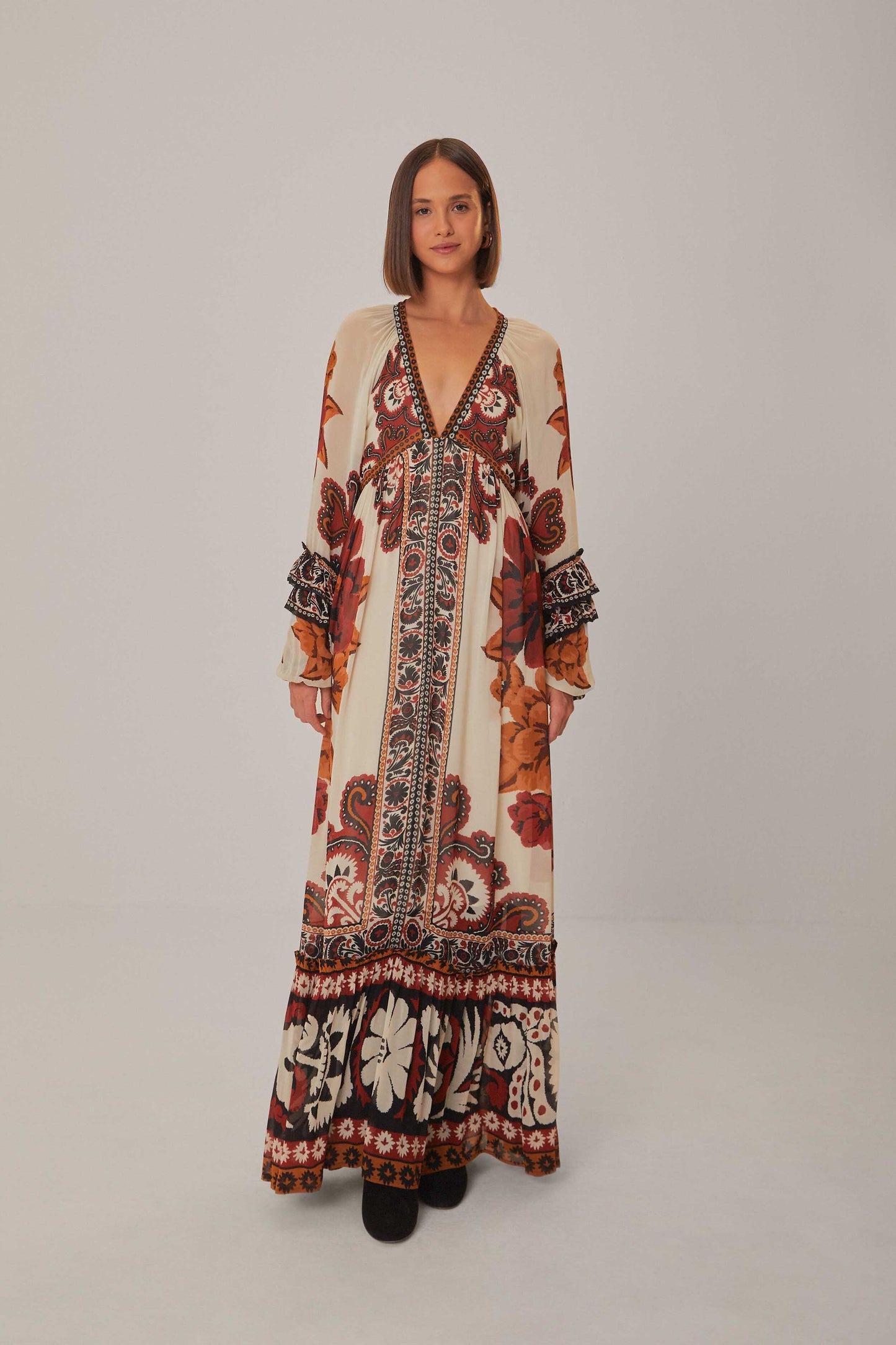 Sand Winter Tapestry V Neck Maxi Dress