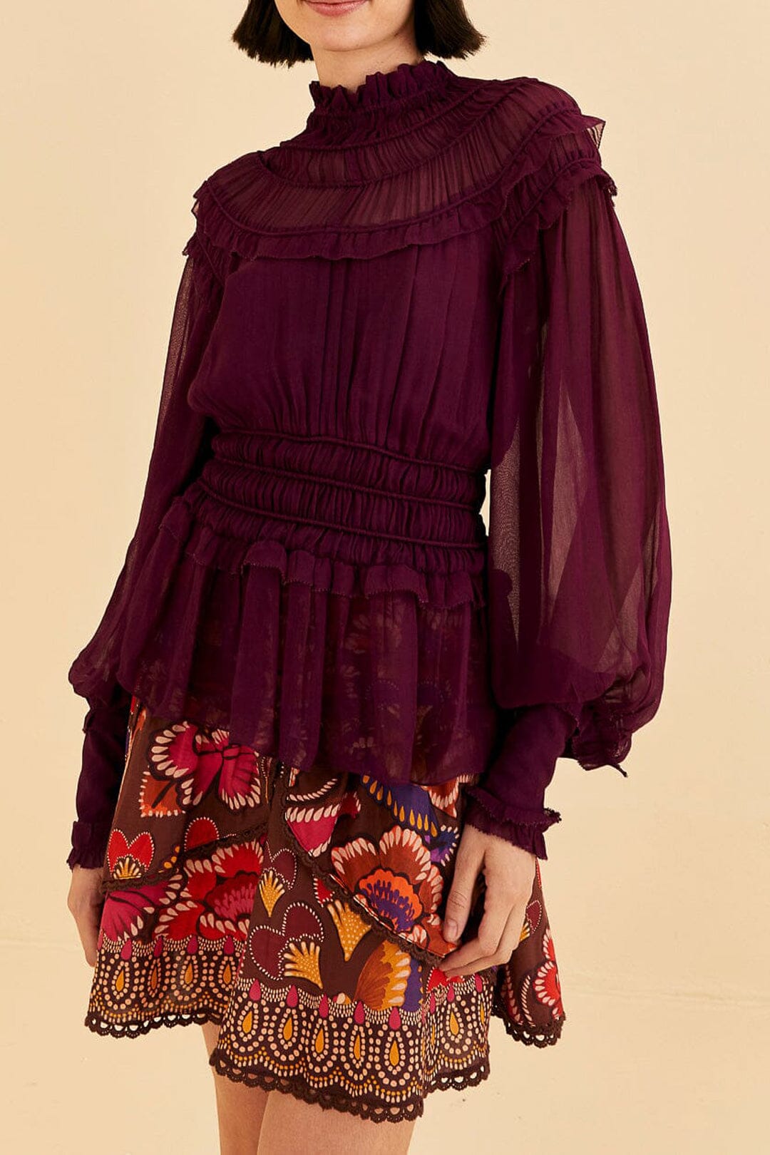 Burgundy Ruffle High Neck Blouse