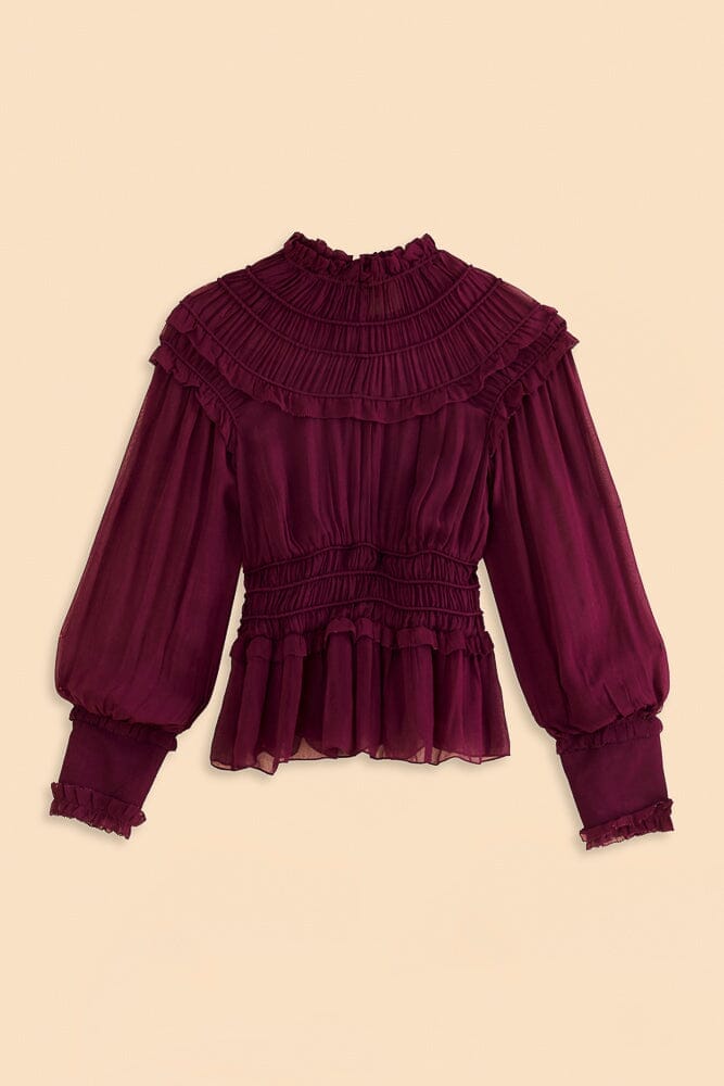 Burgundy Ruffle High Neck Blouse